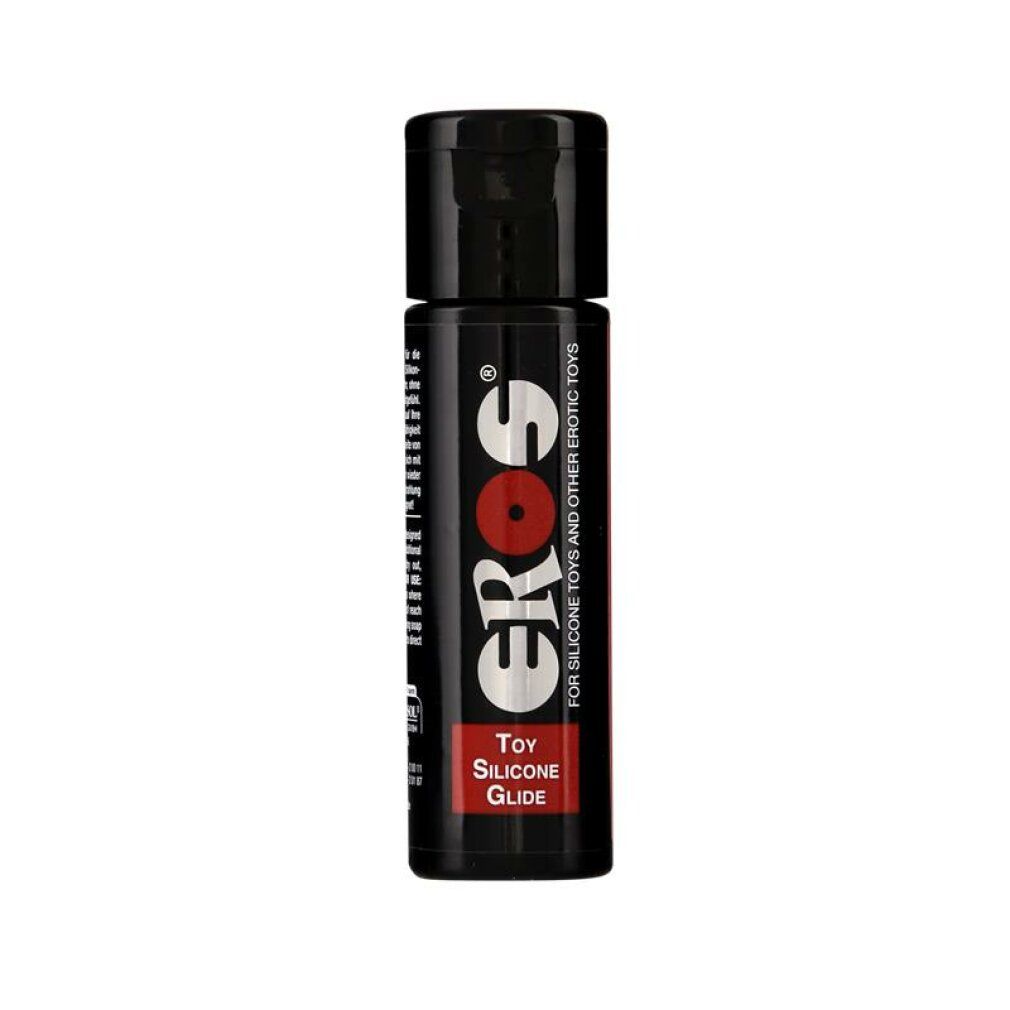 Flacone nero con logo "Eros" e testo. "Toy Silicone Glide" sotto. Per giocattoli in silicone e altri giocattoli erotici.