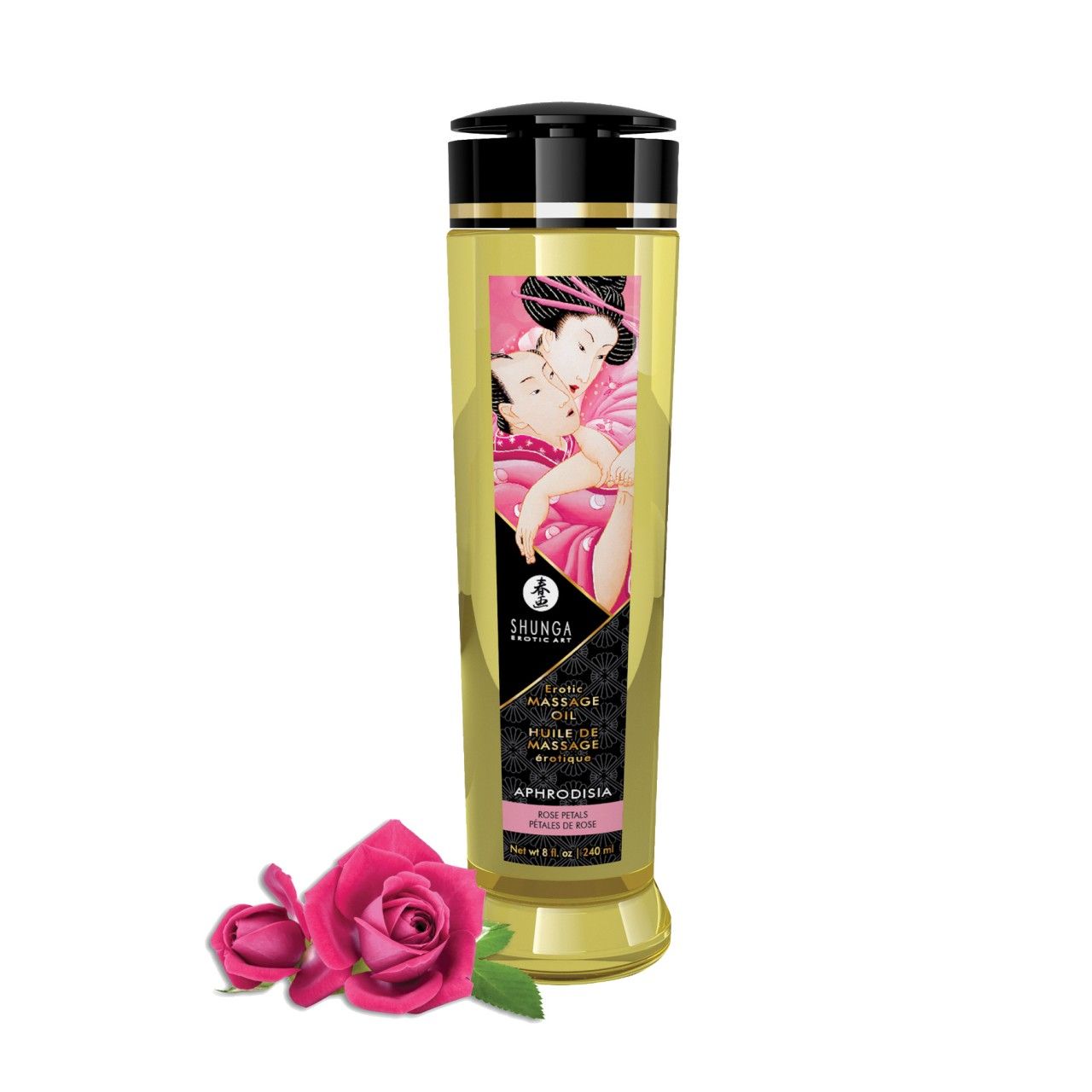 Olio da massaggio Shunga Aphrodisia Rose, bottiglia dorata, con due rose davanti.