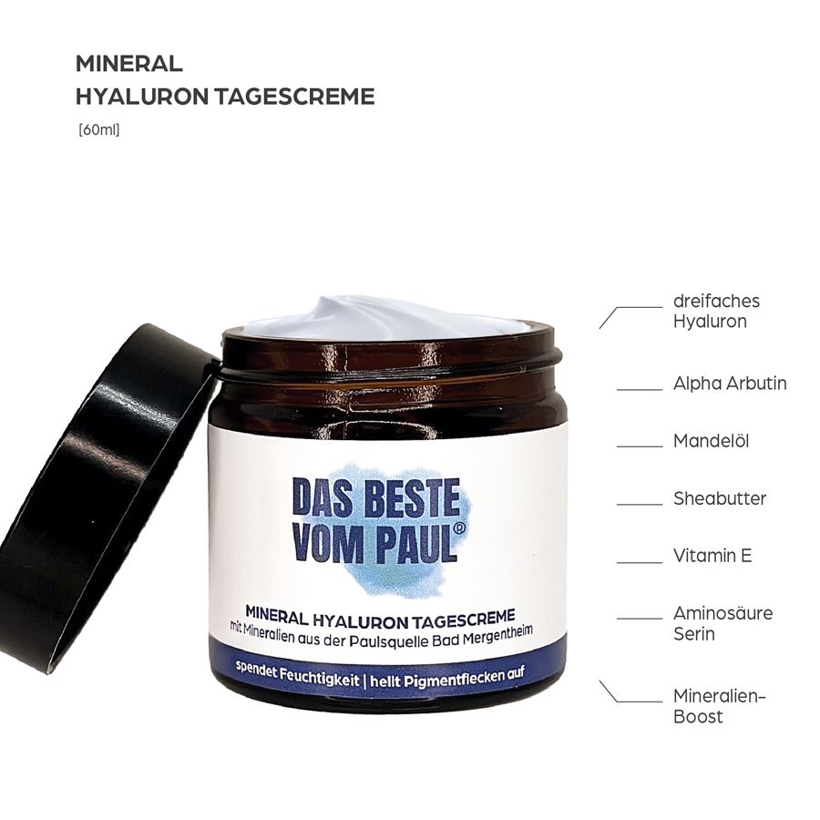 Vasetto con crema giorno, coperchio accanto. Testo: DAS BESTE VOM PAUL. Ingredienti: Ialuronico, olio di mandorle, burro di karité, vitamina E.