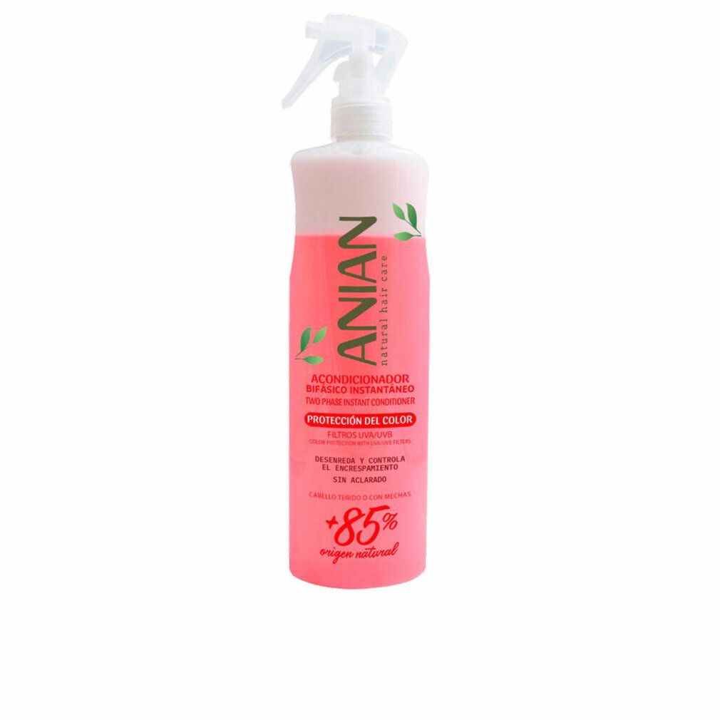 Flacone rosa con spruzzatore. Testo: ANIAN, Acondicionador Protección Del Color. +85%.