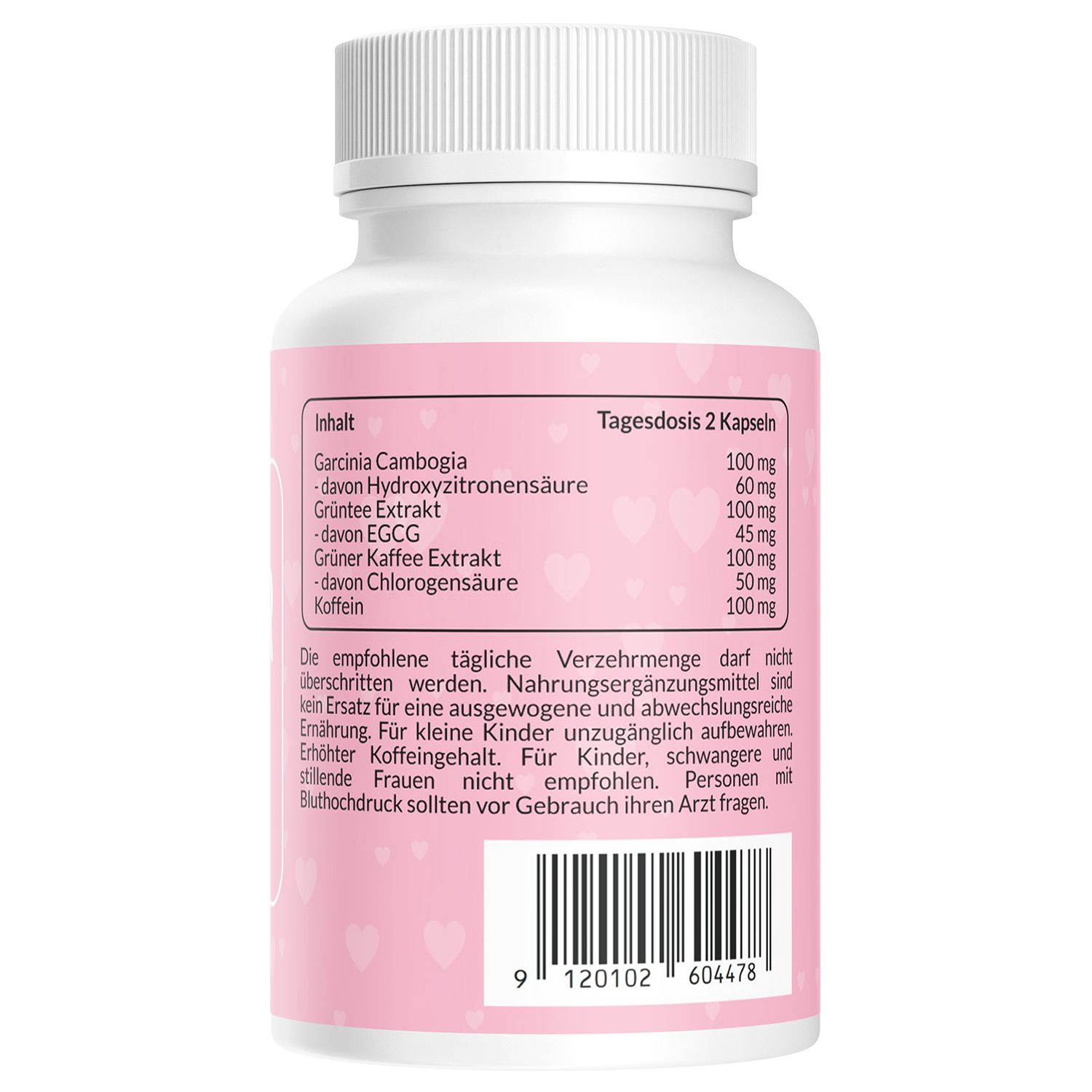 Retro del flacone bianco. Etichetta rosa con ingredienti, dose giornaliera, avvertenze e codice a barre.
