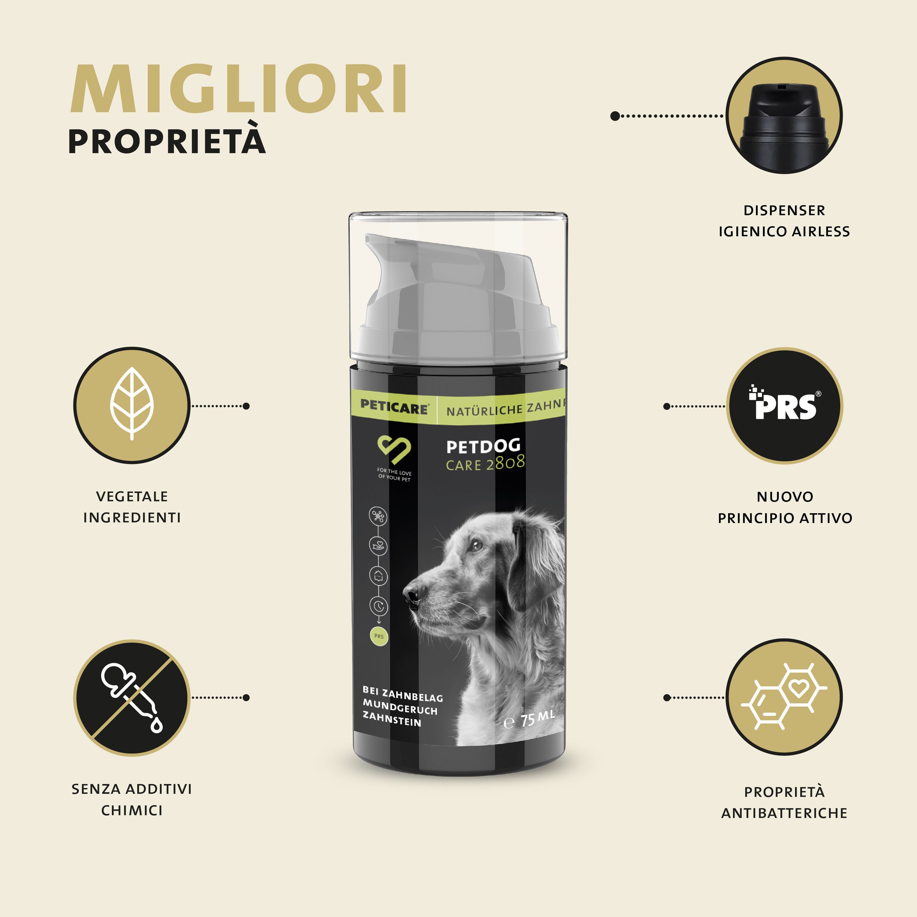 Prodotto PETDOG CARE 2808. Flacone nero con pompa. Scritte: «Ingredienti vegetali», «Senza additivi chimici».