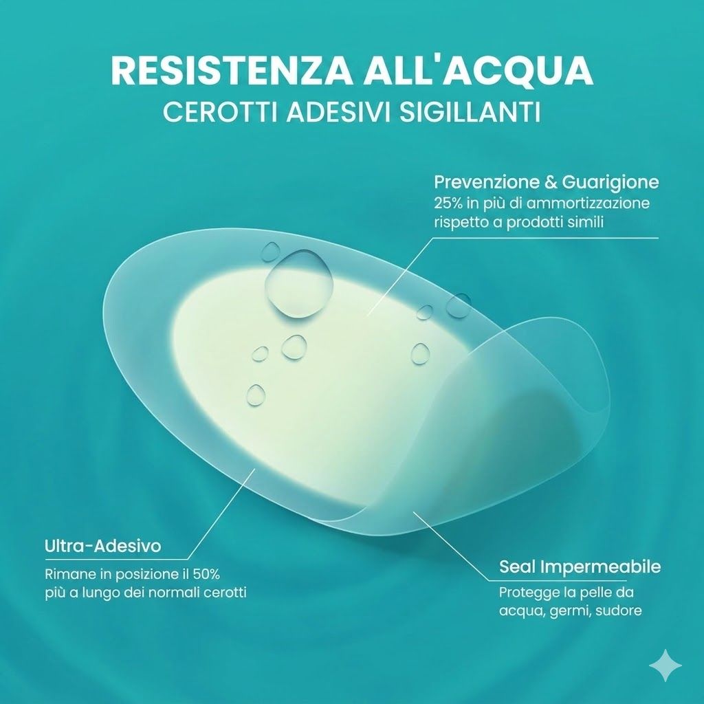 Cerotti adesivi sigillanti resistenti all'acqua. Protegge da acqua, germi e sudore. Ultra-adesivo. 25% più ammortizzazione.