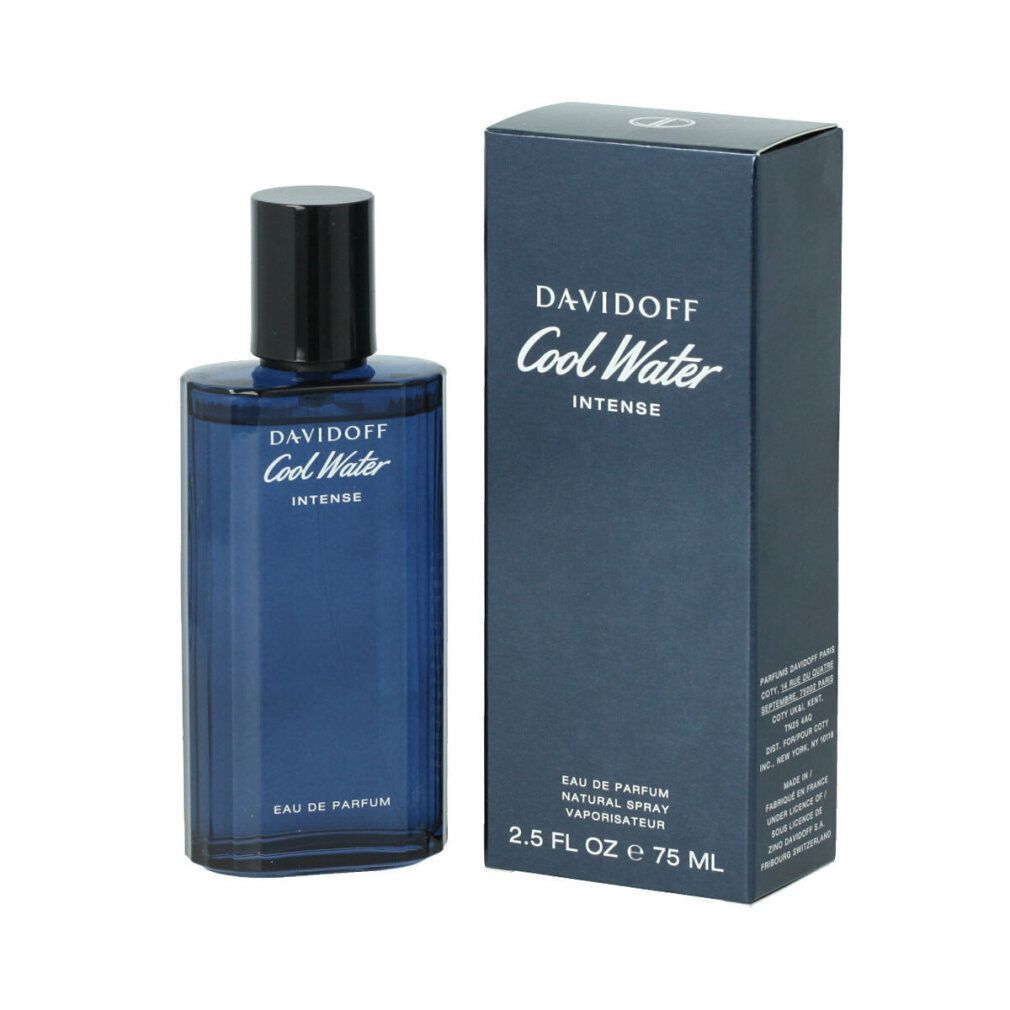Davidoff Cool Water Intense Eau de Parfum Spray e confezione. Flacone e scatola blu. Nome del prodotto e dettagli visibili.
