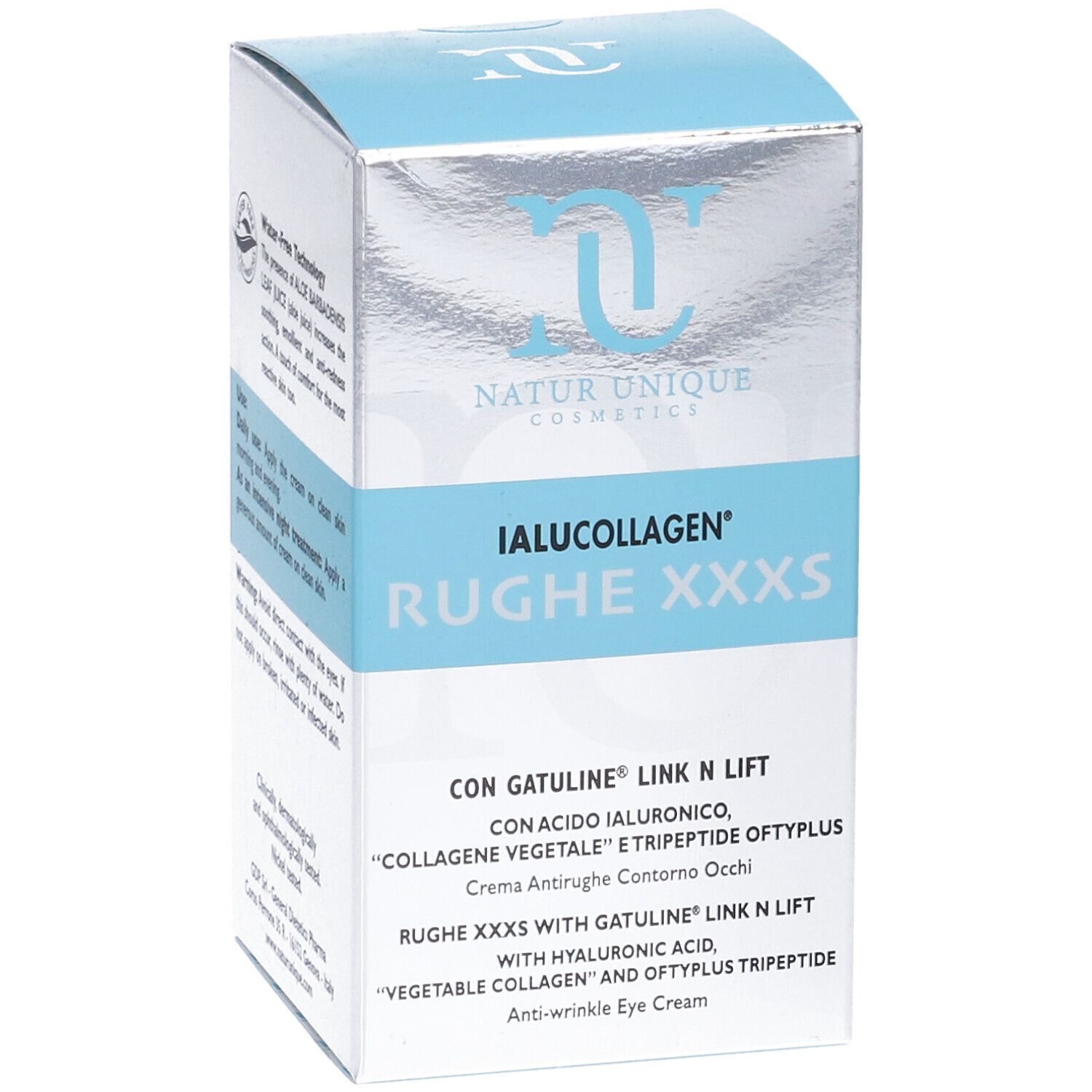 Confezione del prodotto. Testo: Ialucollagen Rughe XXXS Contorno Occhi Antirughe. Marchio: Natur Unique Cosmetics. 15 ml.