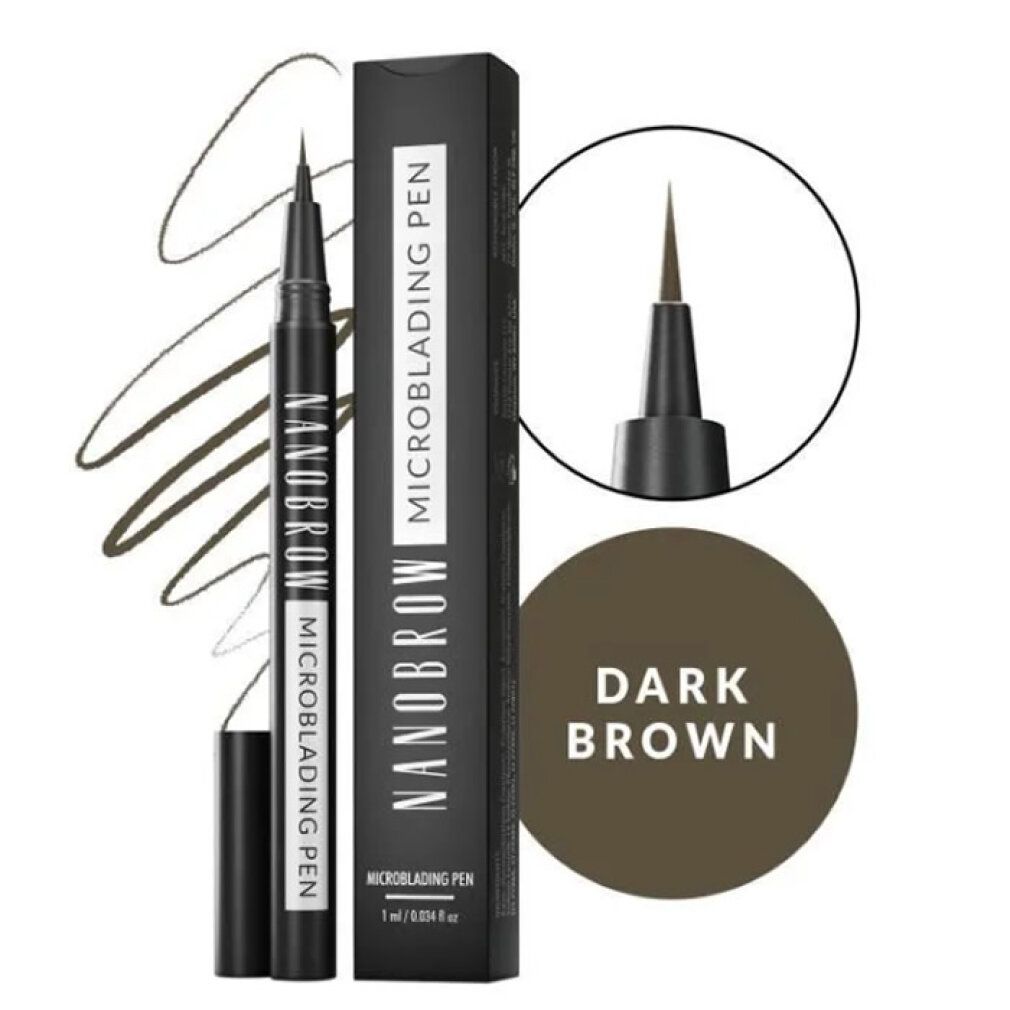 Penna, confezione e campione di colore. Scritta: Nanobrow Microblading Pen. Colore: Dark Brown.