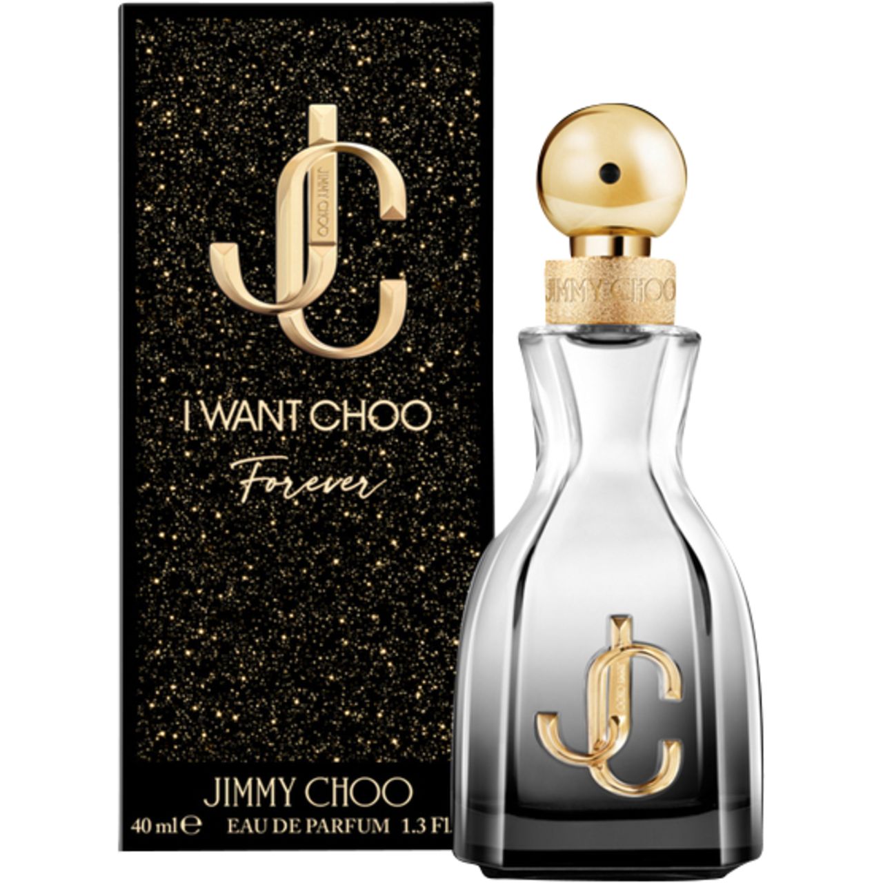 Flacone di profumo e confezione. Confezione nera glitterata. Logo e scritta dorati. Flacone accanto.