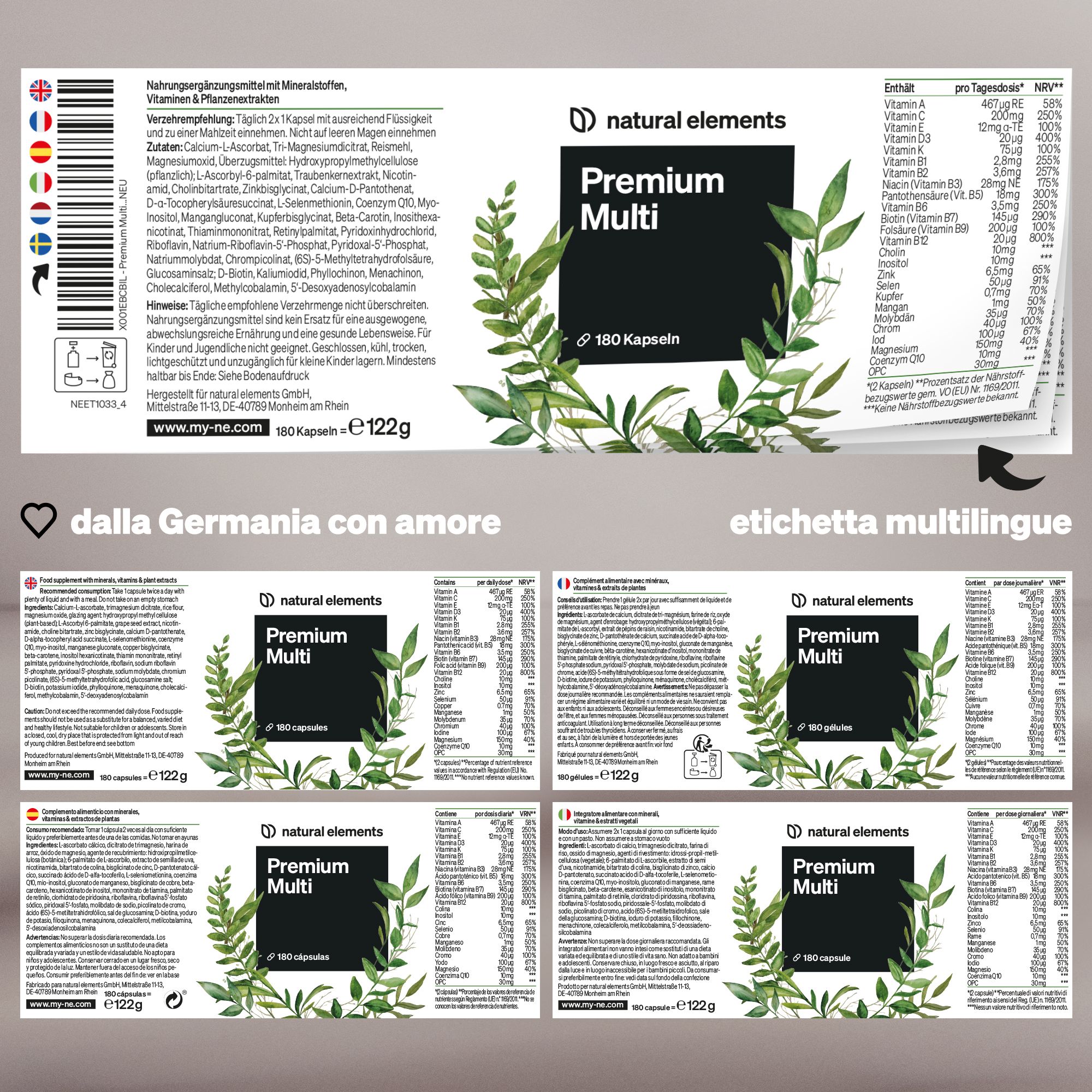 Etichette per "Premium Multi" di "natural elements" con informazioni nutrizionali e bandiere dei paesi.