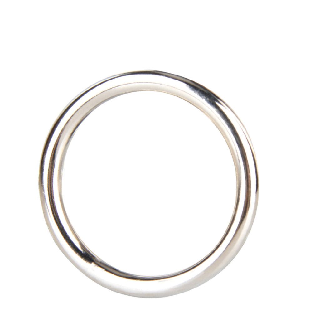 Anello per pene singolo in acciaio inossidabile lucido su sfondo bianco.