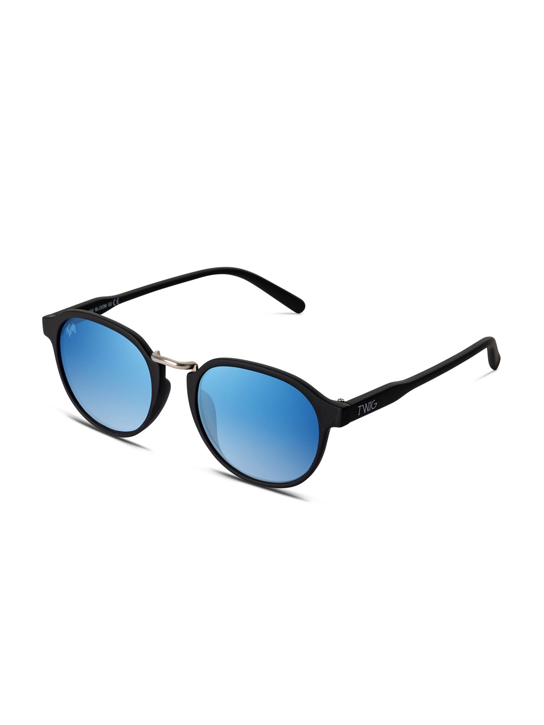 Occhiali da sole con lenti blu e montatura nera. Marchio Twig sull'asta.