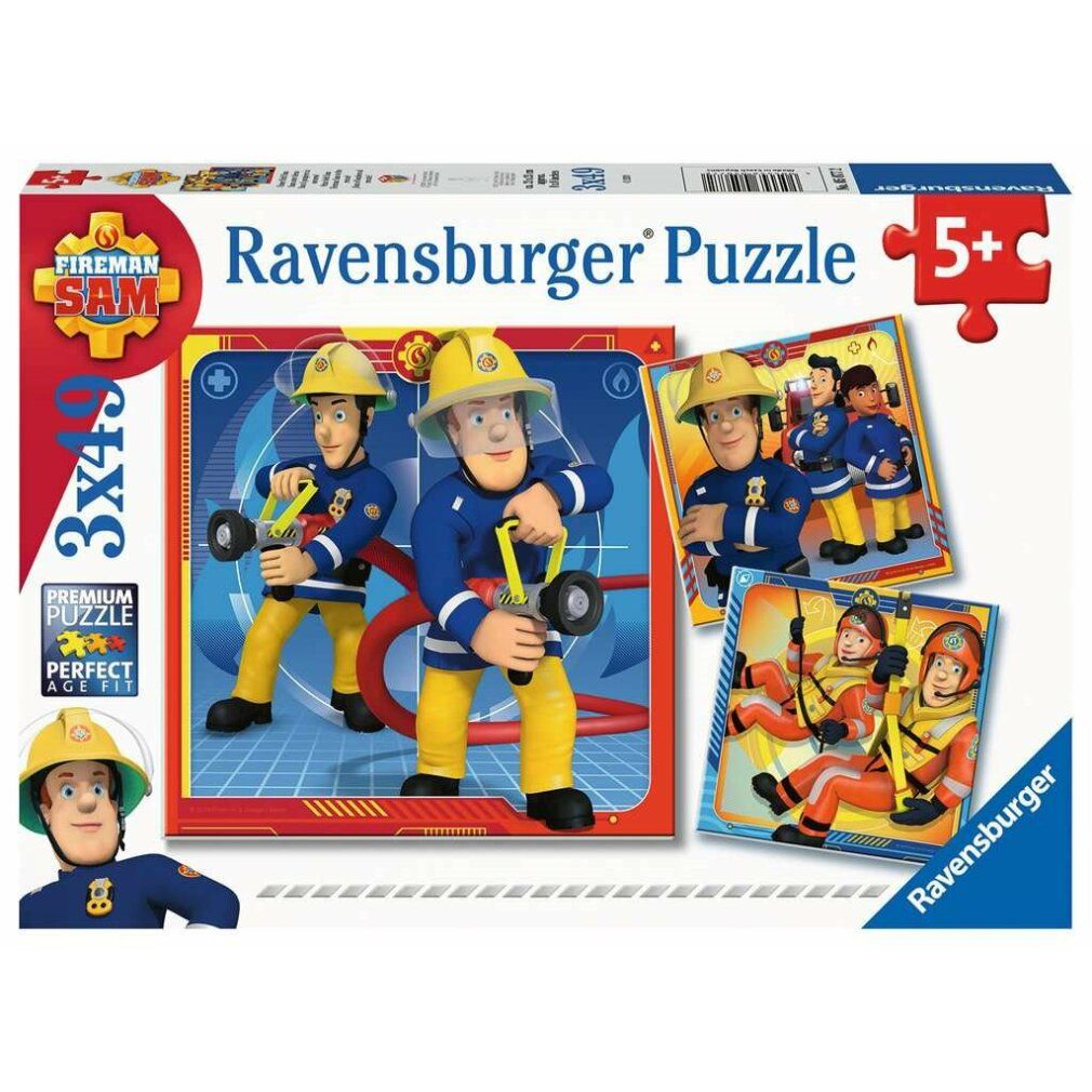 Puzzle Pz. Unser Held Sam 3x49T. Confezione con immagini di pompieri. Logo Ravensburger e raccomandazione d'età 5+.