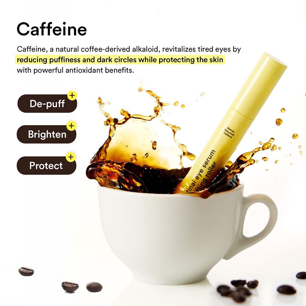 ABIB Retinal Eye Serum Lifting Roller in una tazza da caffè. Con caffeina per ridurre il gonfiore.