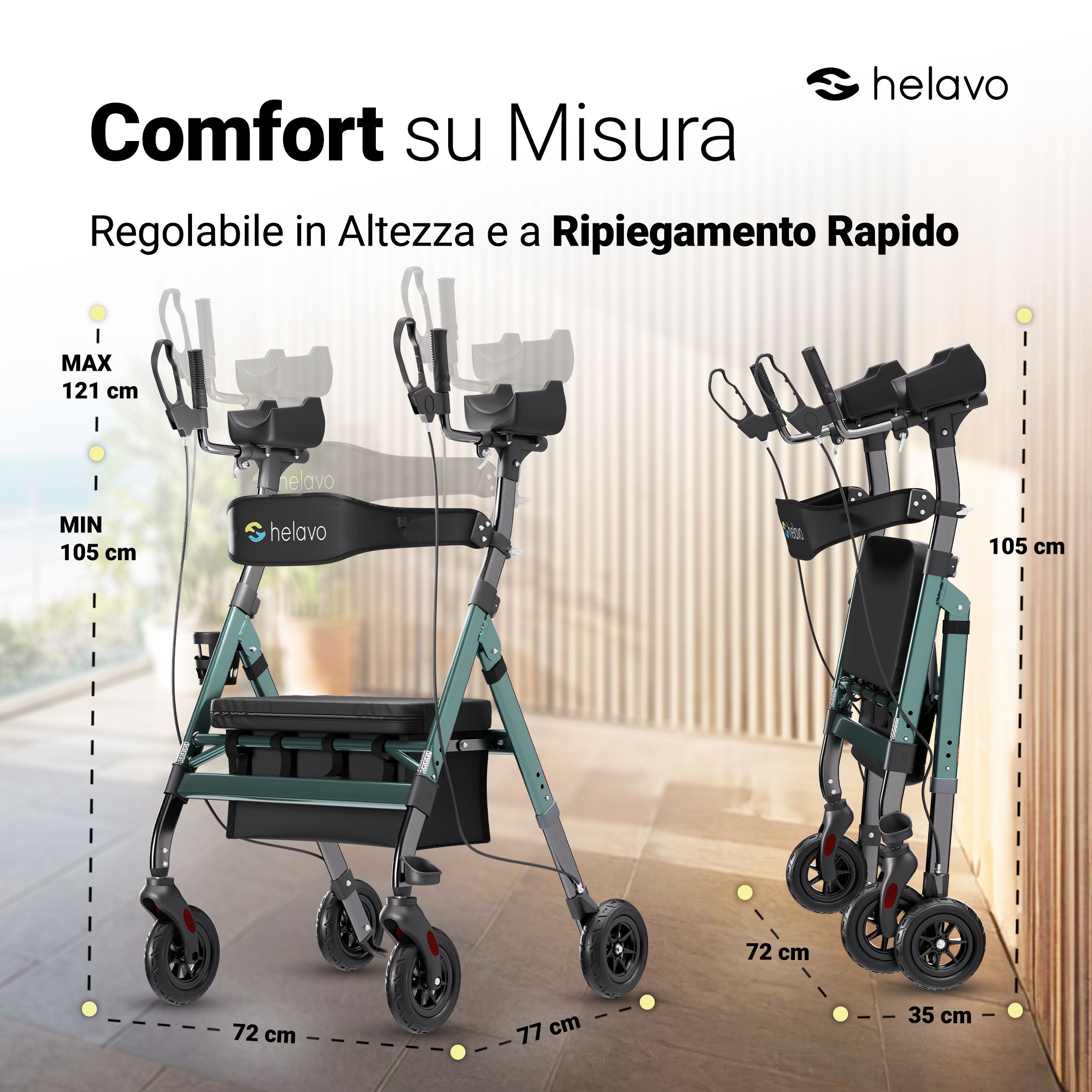 Rollator con portabicchieri, cestino grande e porta bastone.