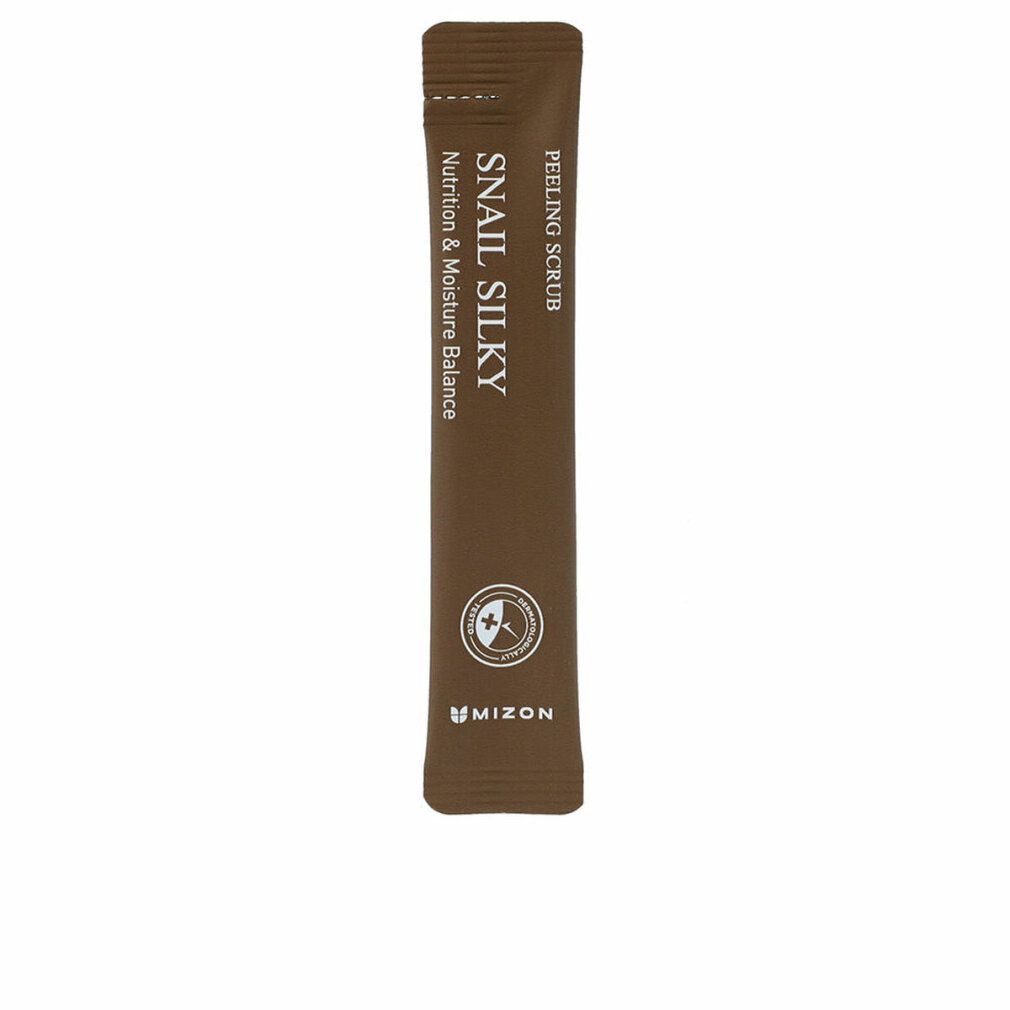 Bustina di prodotto marrone. Scritta: Snail Silky, Peeling Scrub, MIZON. Con sigillo.