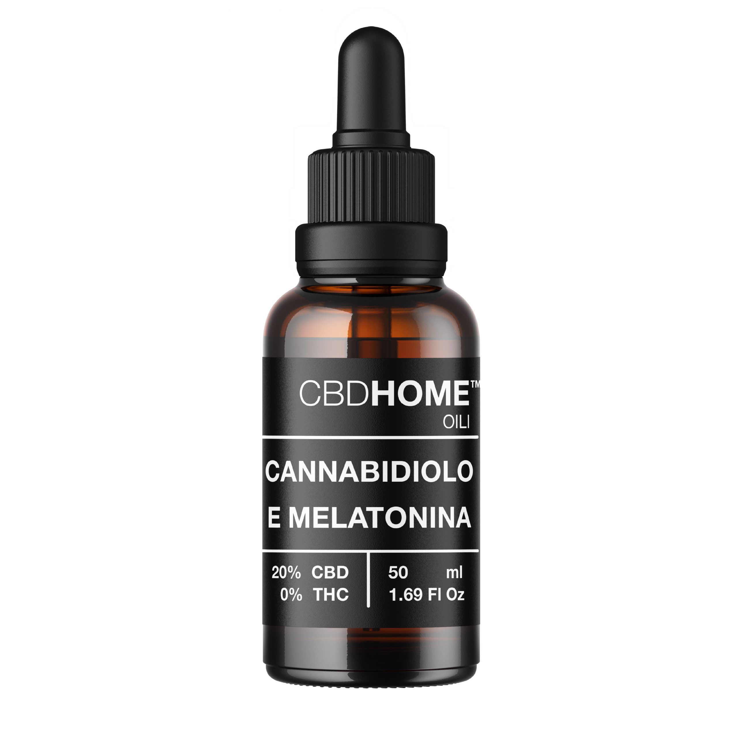Flacone di olio CBDHOME con contagocce. Contiene cannabidiolo e melatonina.