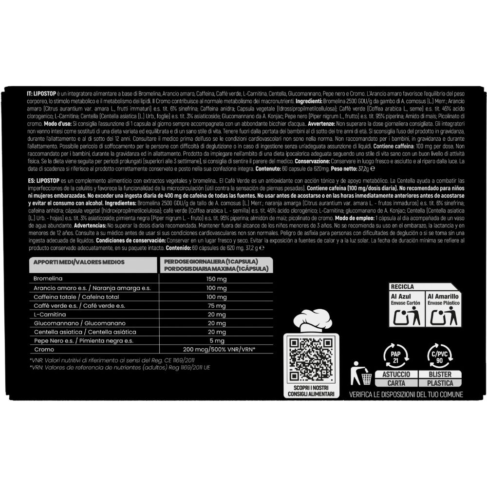 Retro della confezione del prodotto. Contiene informazioni sugli ingredienti, le istruzioni per l'uso e le informazioni nutrizionali. Marchio: Agocap.