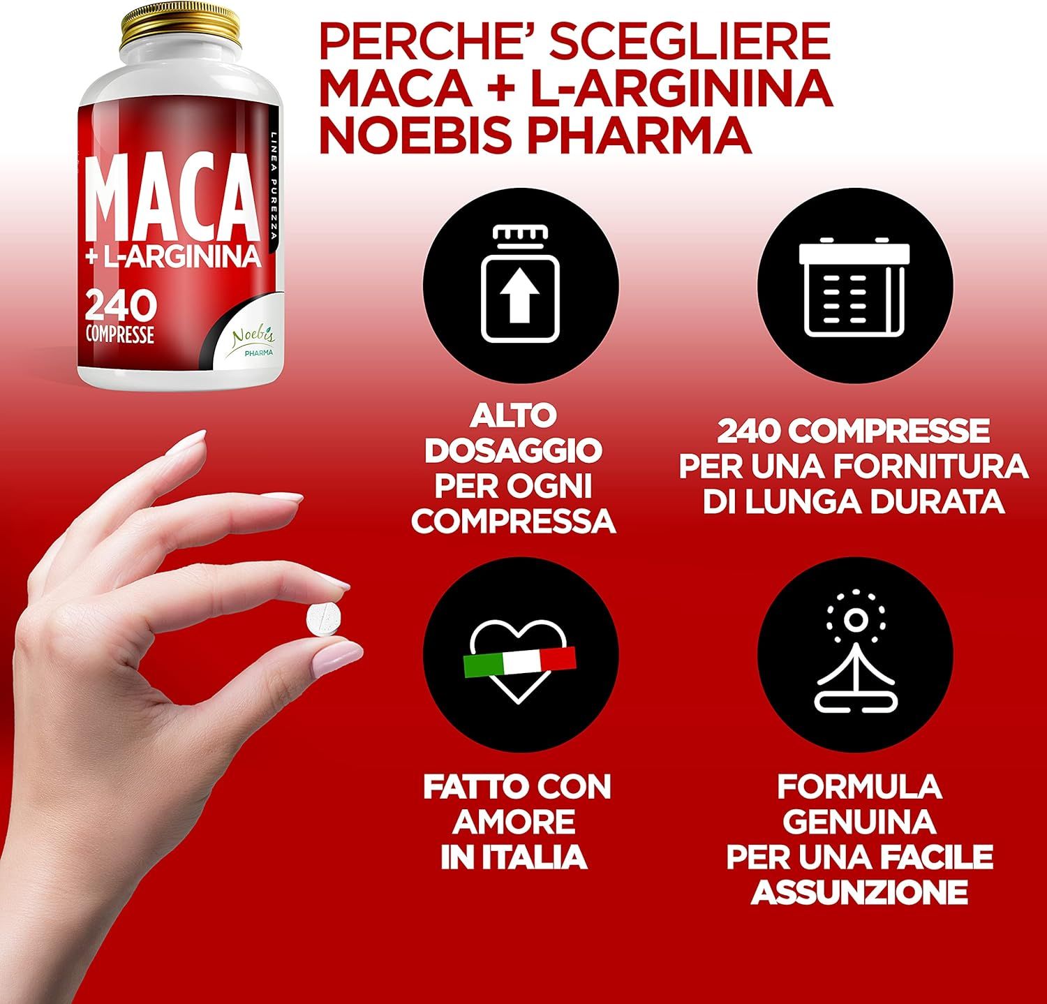 Flacone di Maca + L-Arginina, 240 compresse. Informazioni su dosaggio e origine.