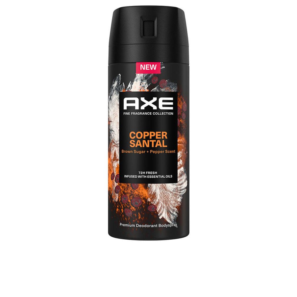 Bomboletta spray nera "AXE Copper Santal". Etichetta "NEW". Testo: "Brown Sugar + Pepper Scent".