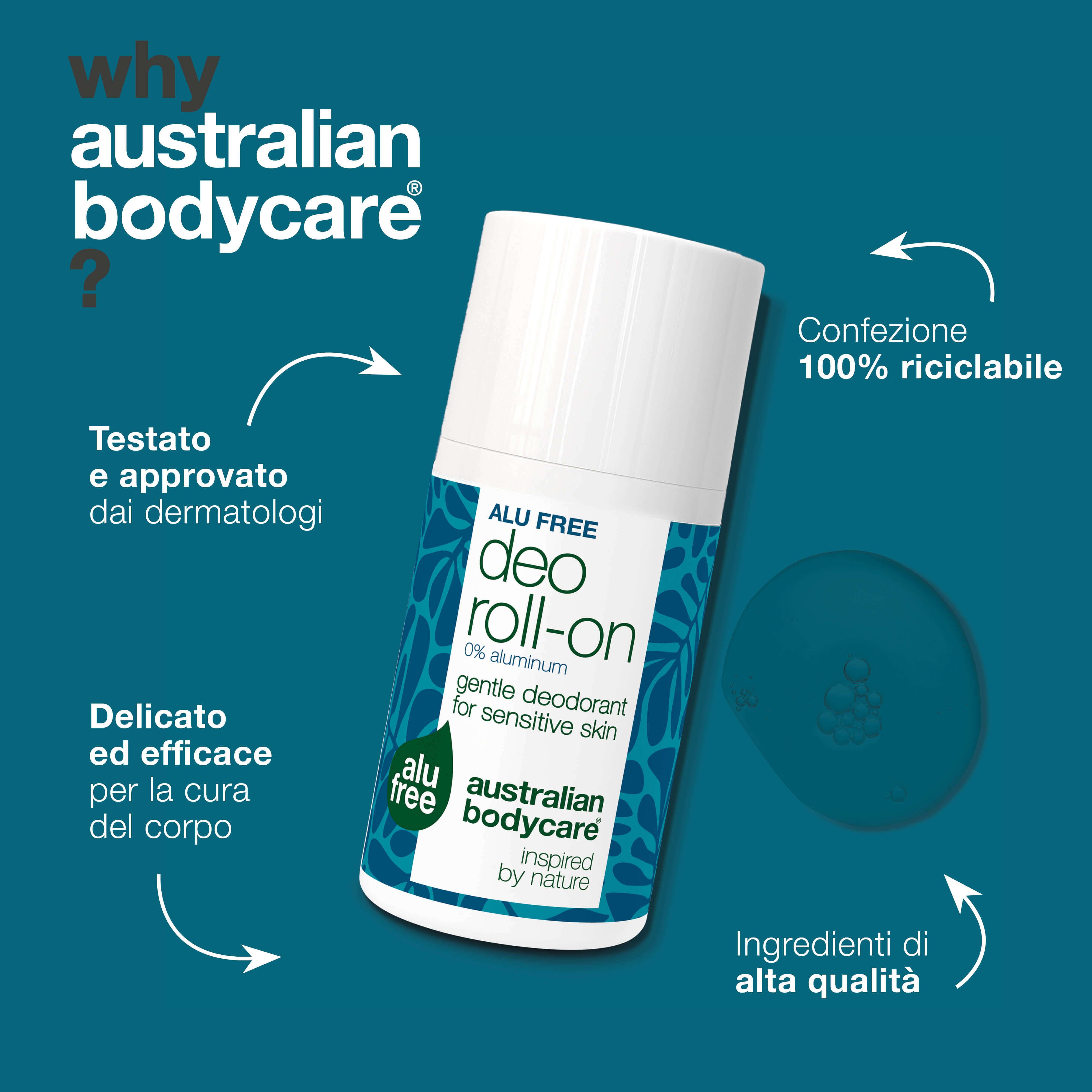 Roll-on, testo: Testato dermatologicamente, delicato ed efficace, ingredienti di alta qualità, confezione riciclabile.