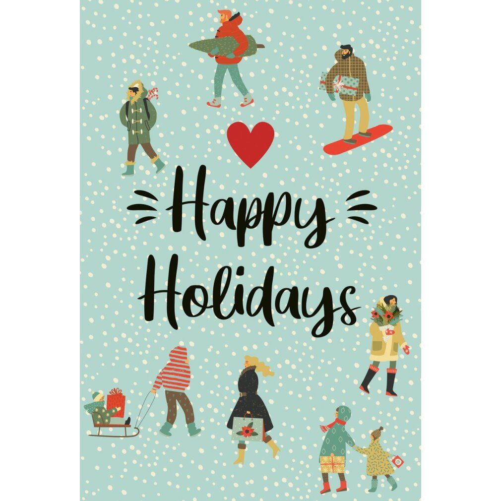 Illustrazione puzzle Happy Holidays. Figure nella neve, cuore rosso. Testo Happy Holidays.