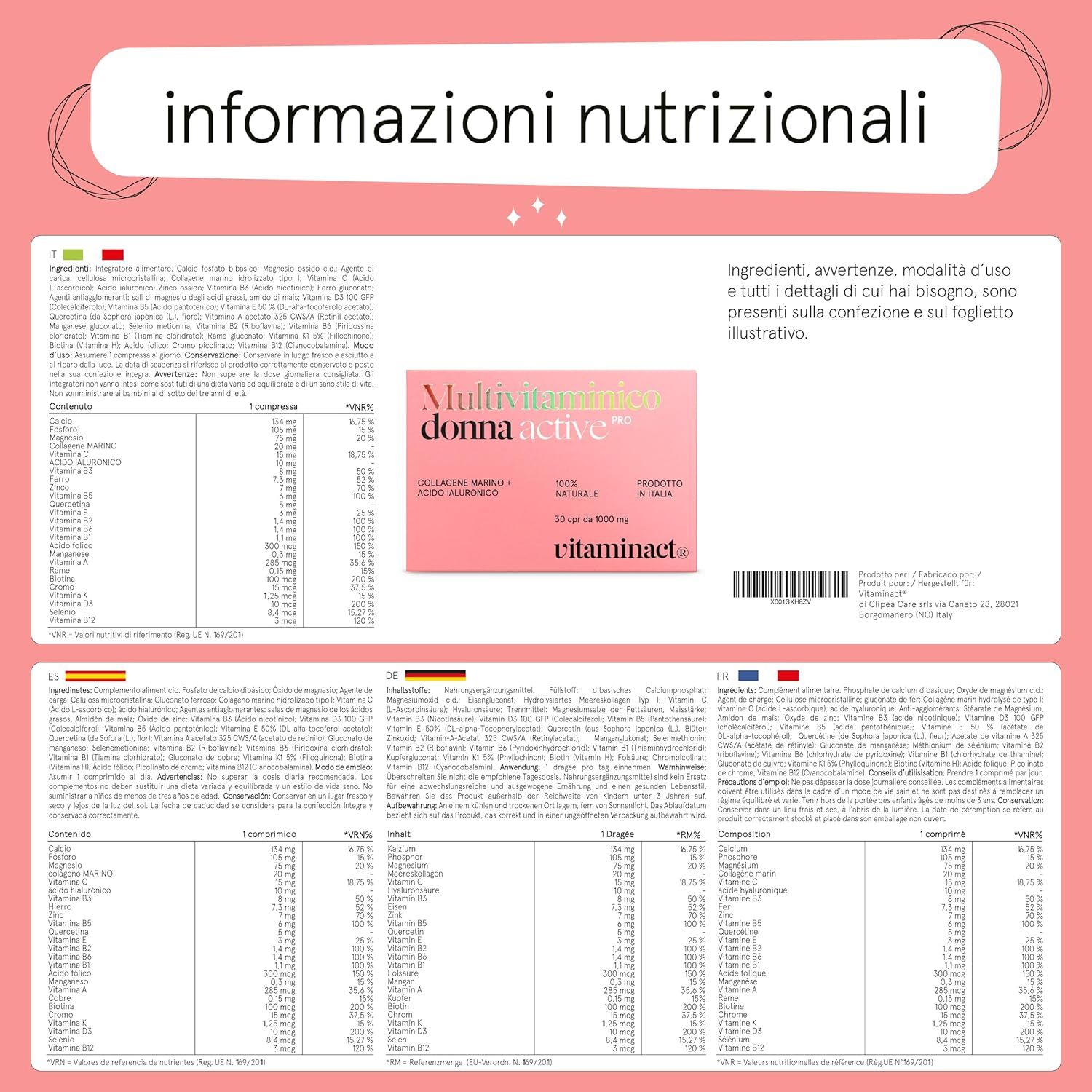 Infografica con informazioni nutrizionali. Contiene una confezione "Multivitaminico donna active PRO" e tabelle degli ingredienti.