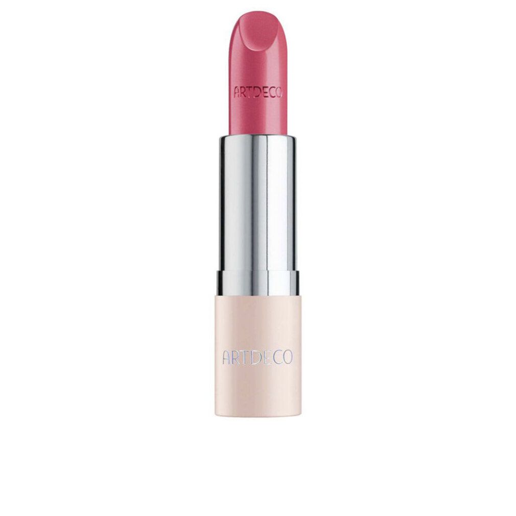 Rossetto Artdeco Perfect Color. Rossetto rosa in astuccio argentato con base beige. Marchio visibile.