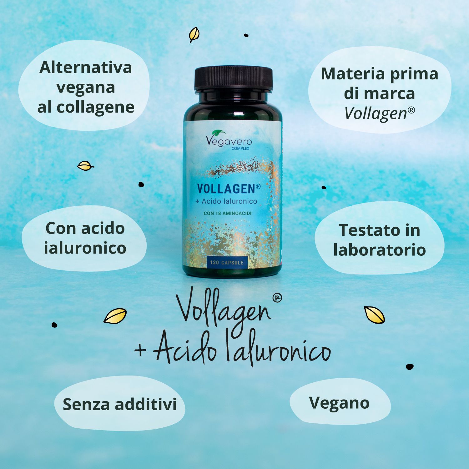 Bottiglia con capsule, circondata da infografiche. Scritta: Vegavaro, VOLLAGEN + Acido Ialuronico.
