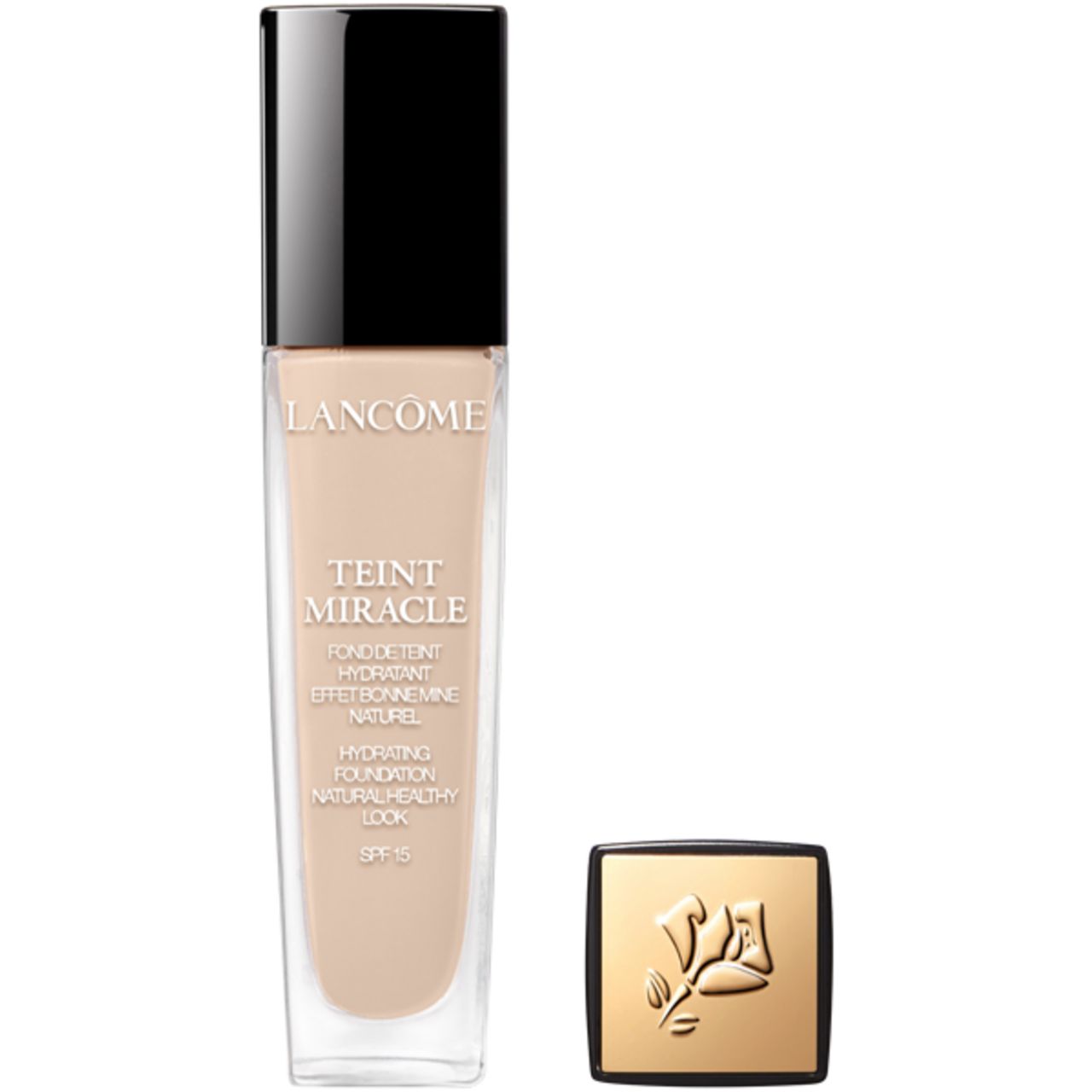 Fondotinta Lancôme Teint Miracle, flacone e tappo. Liquido beige chiaro, tappo nero. Testo: Teint Miracle.