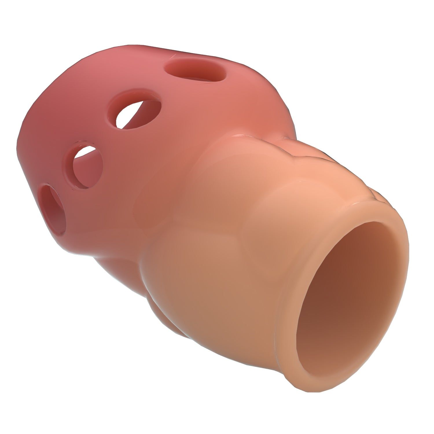 Prodotto cilindrico bicolore con fori. Metà superiore rosa, metà inferiore beige. Vista obliqua.