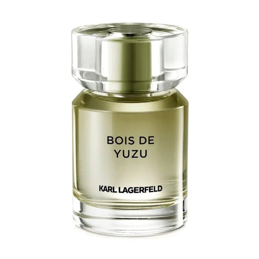 Flacone di profumo con tappo trasparente. Scritta: Bois de Yuzu, Karl Lagerfeld.