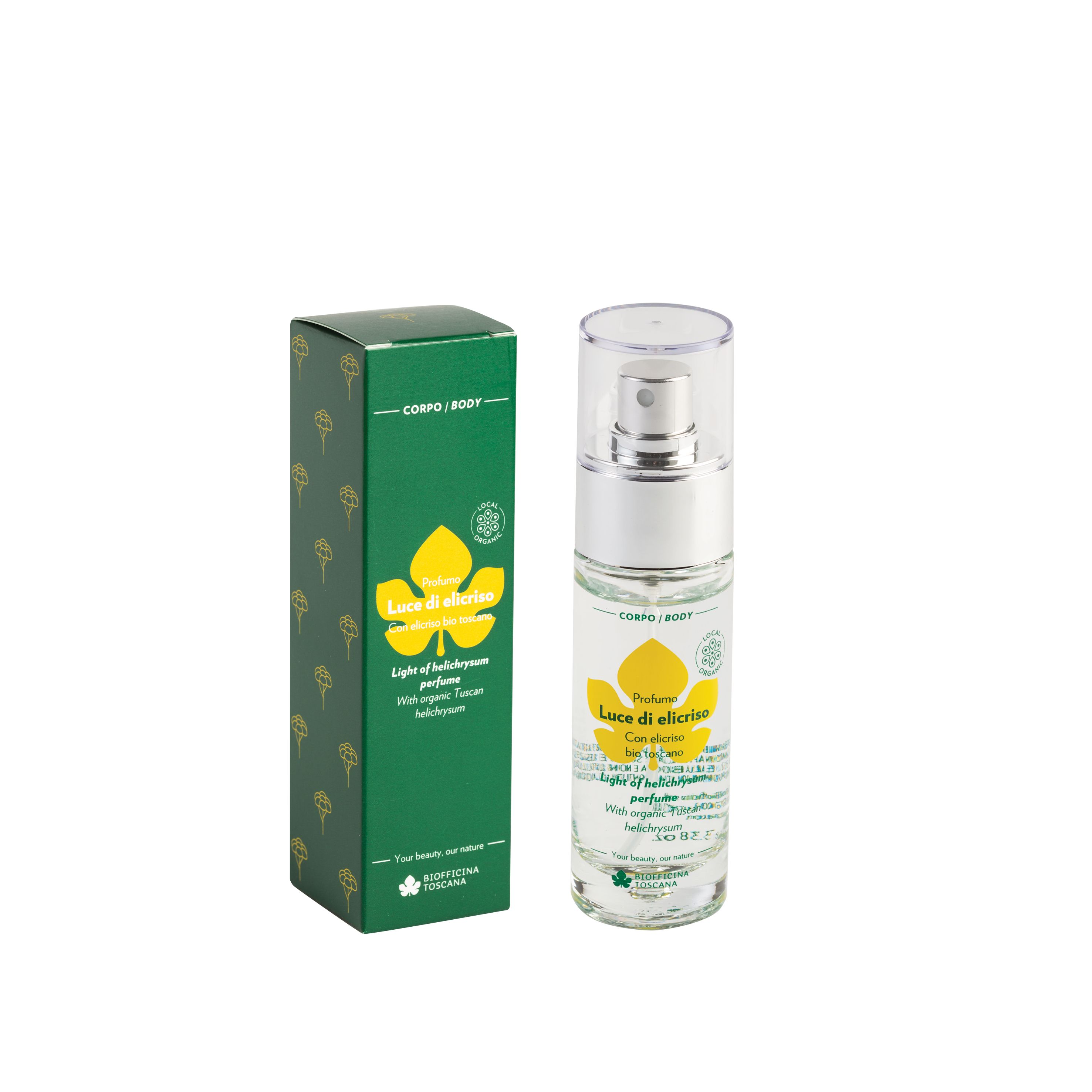 Spray profumo corpo e scatola verde. Spray trasparente, etichetta con nome. Scatola con logo.