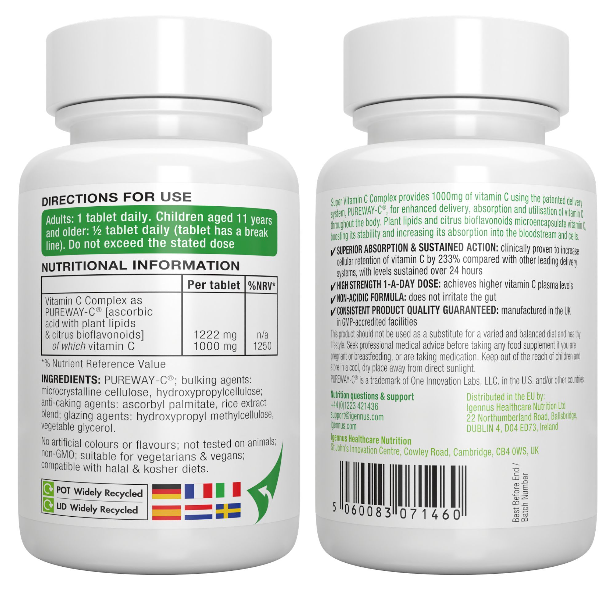 Flacone di compresse di vitamina C, circondato da agrumi e papaya.
