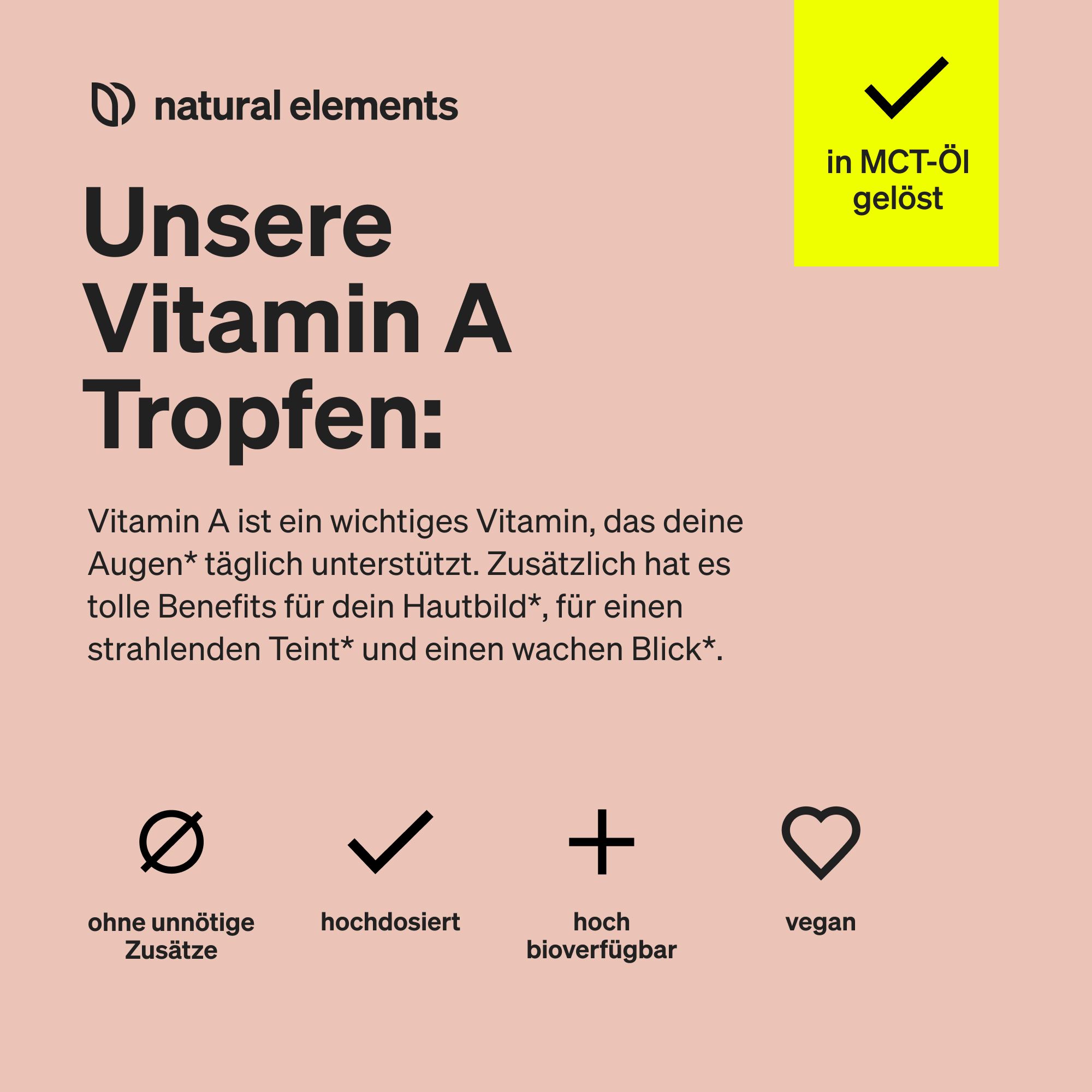 Sfondo rosa con testo: "Unsere Vitamin A Tropfen:". Icone: senza additivi, ad alto dosaggio, altamente biodisponibile, vegano. Campo giallo: sciolto in olio MCT.