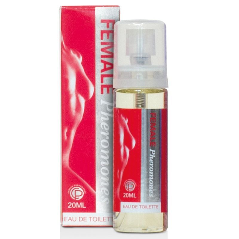 Flacone e scatola. Scritta: FEMALE Pheromones, 20ml, Eau de Toilette. Confezione rossa e argento con figura femminile.