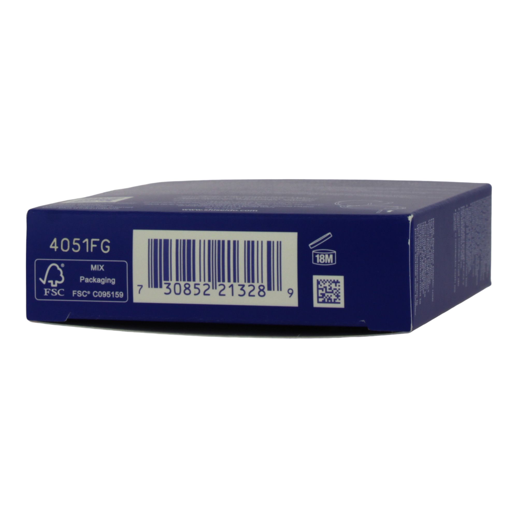 Confezione in cartone blu. Codice a barre, logo FSC, simbolo 18M. Testo: 4051FG, MIX Packaging.