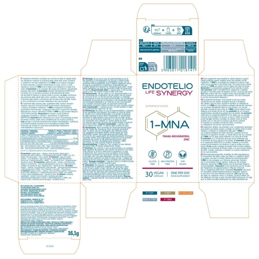 Confezione aperta. Endotelio Life Synergy, 1-MNA, Trans-Resveratrolo, Zinco. 30 capsule. Senza glutine, senza proteine del latte, vegano.