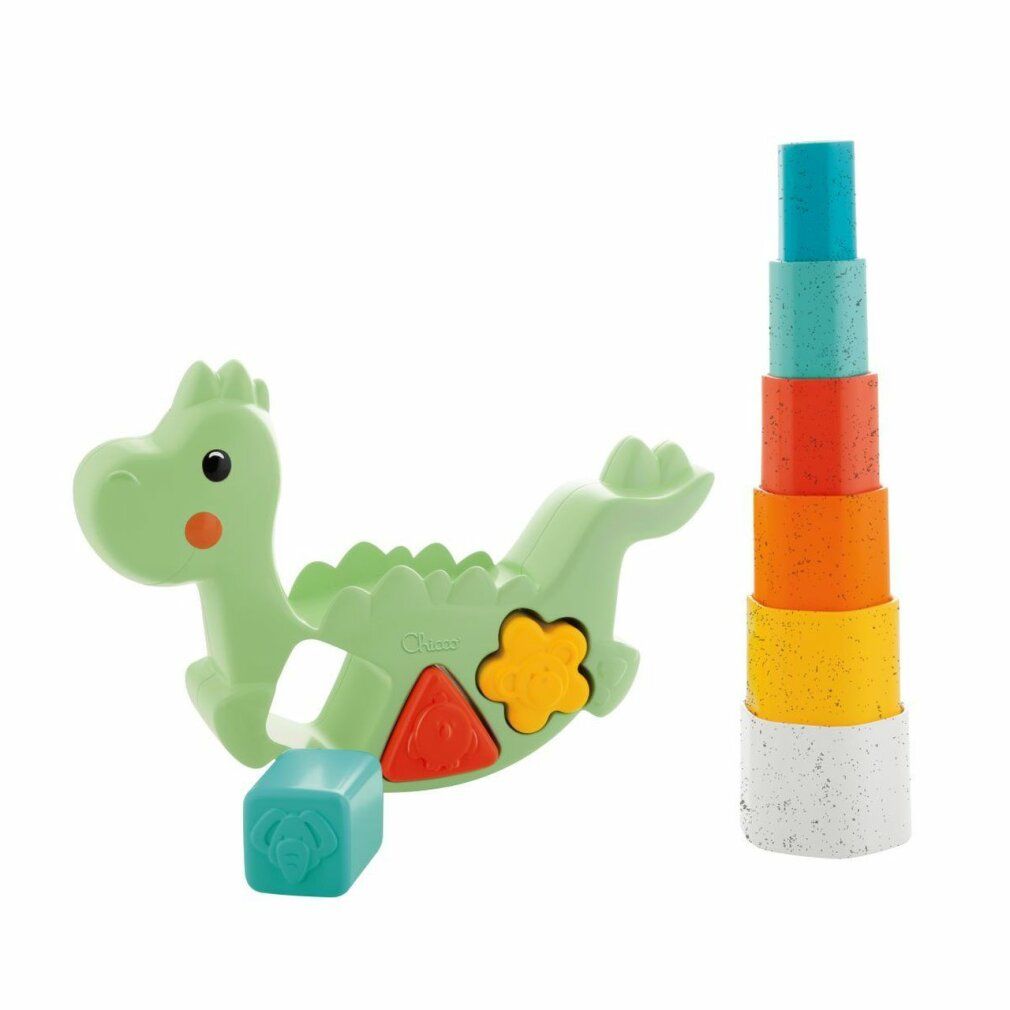Dinosauro verde con forme e torre impilabile. Forme di diversi colori e forme. Giocattolo per bambini piccoli.