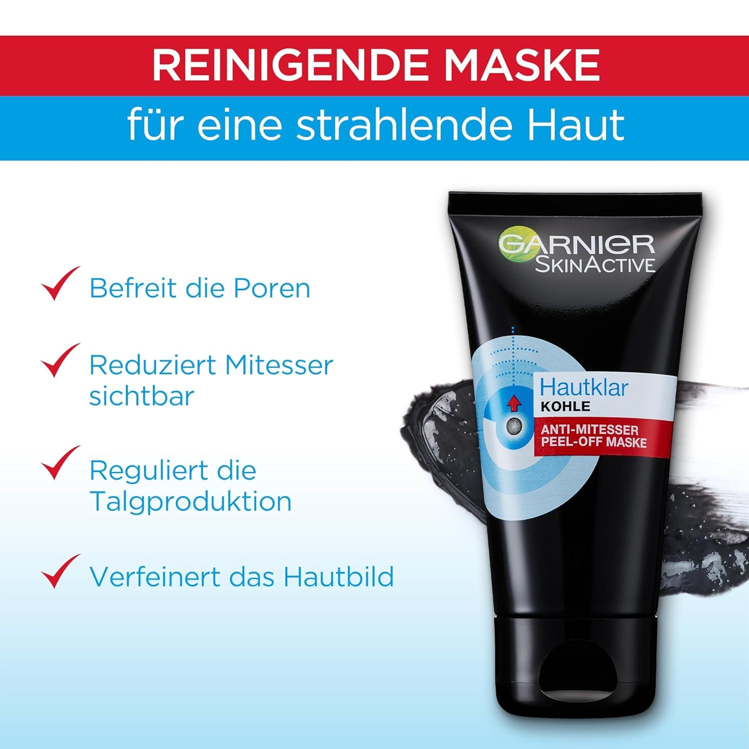 Garnier SkinActive Hautklar Kohle Maschera peel-off. Testo: Maschera detergente per una pelle radiosa. Quattro segni di spunta rossi.