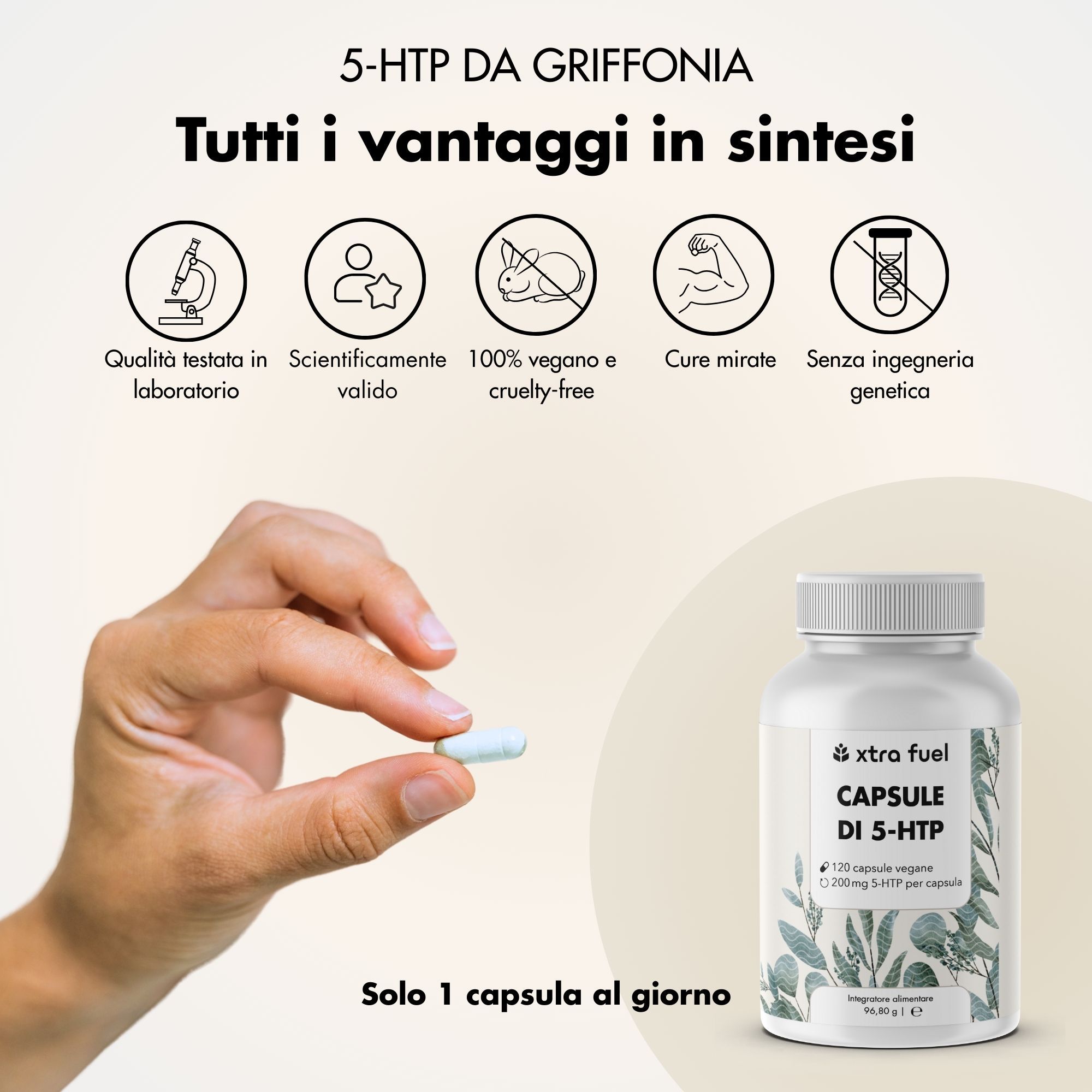 Mano che tiene una capsula. Flacone di capsule. Testo: XTRA FUEL CAPSULE DI 5-HTP, 120 capsule vegane, 200mg 5-HTP per capsula. Testo: Solo 1 capsula al giorno.