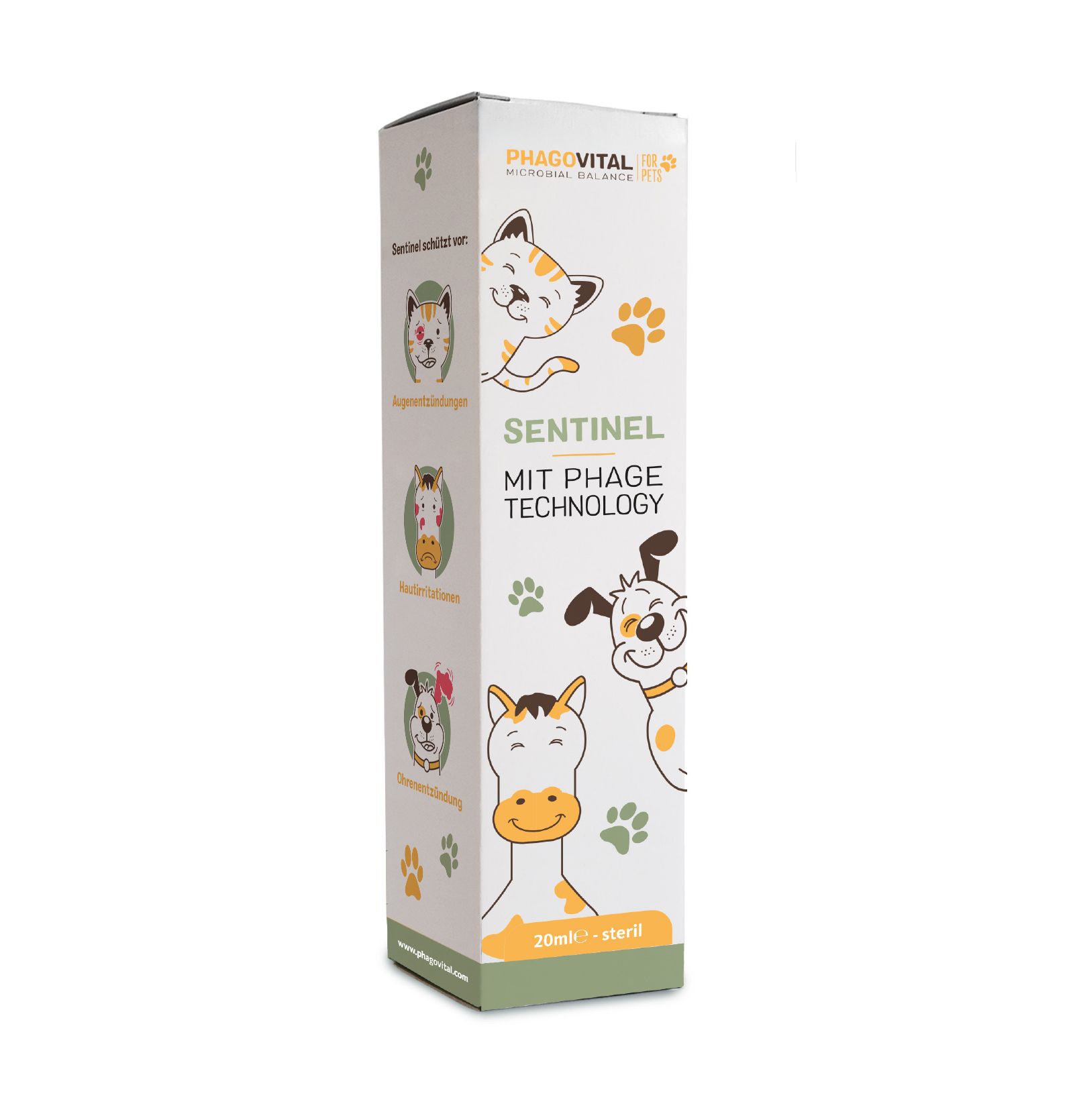 Confezione del prodotto. Scritta: Sentinel, MIT PHAGE TECHNOLOGY, 20ml - sterile. Illustrazioni di animali. Confezione verde e bianca.