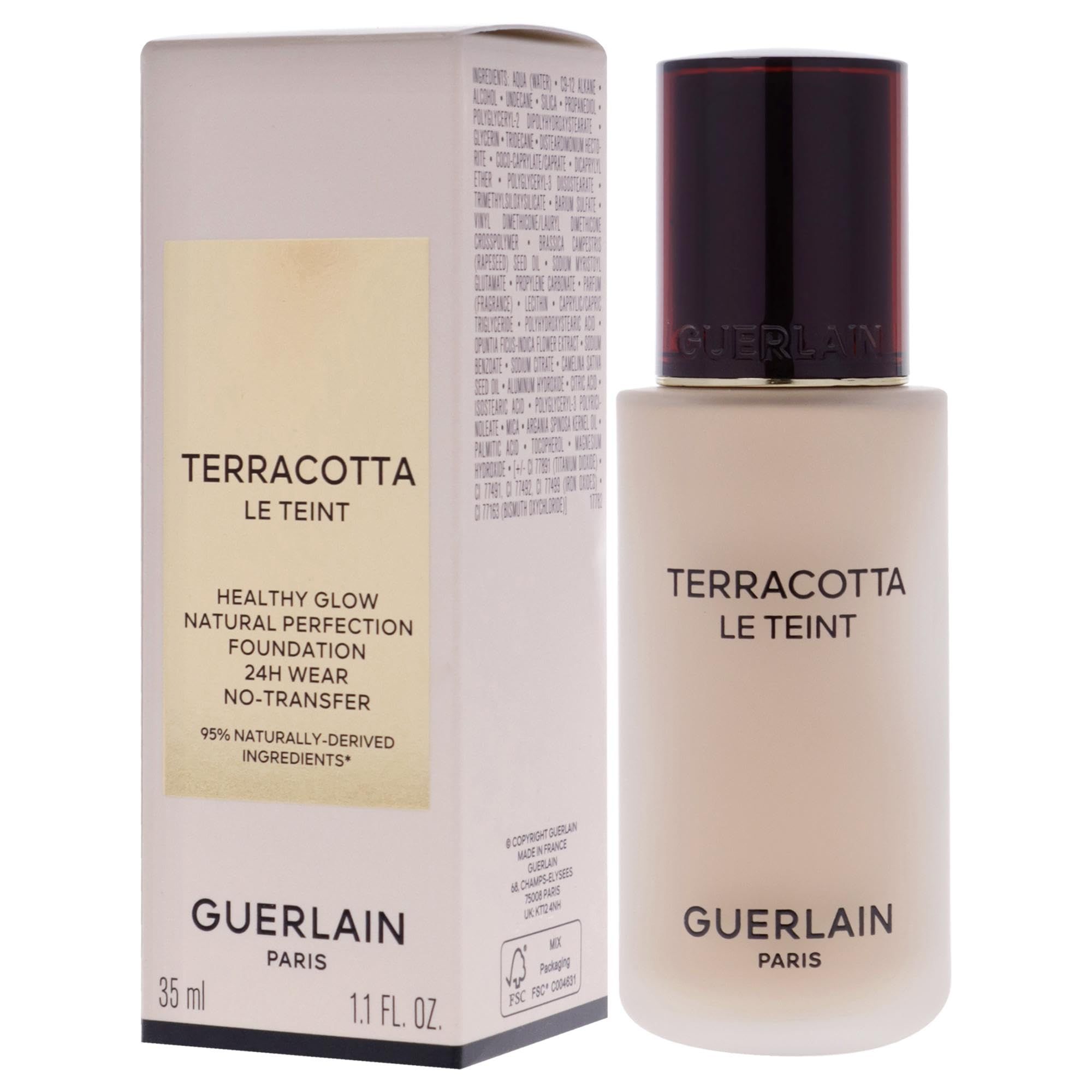 Fondotinta liquido con confezione. Scritta: Terracotta Le Teint, Healthy Glow, 24H Wear, No-Transfer. Marchio Guerlain.