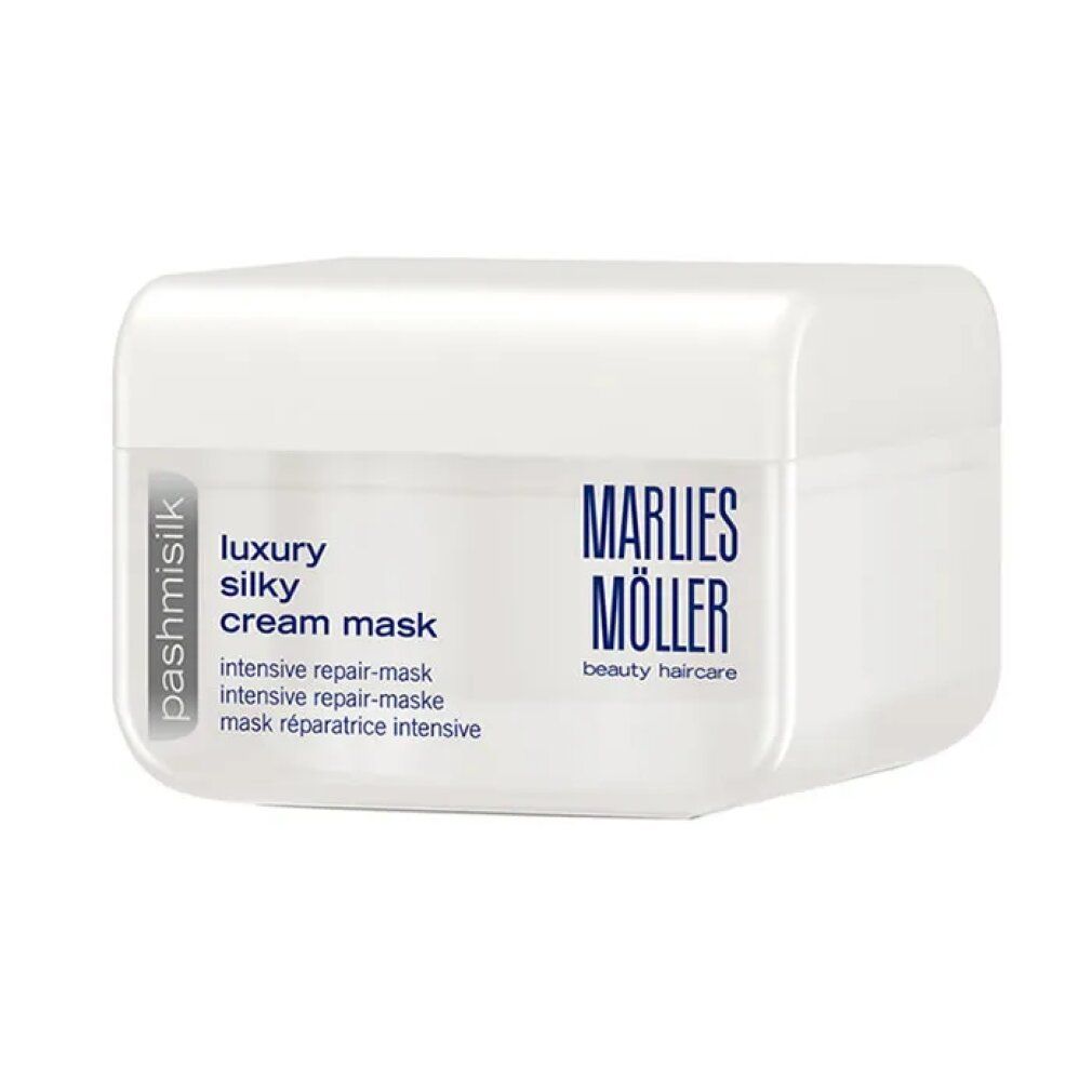 Vaso rettangolare bianco. Scritta: Marlies Möller, Pashmisilk, Luxury Silky Cream Mask. Maschera riparatrice intensiva.