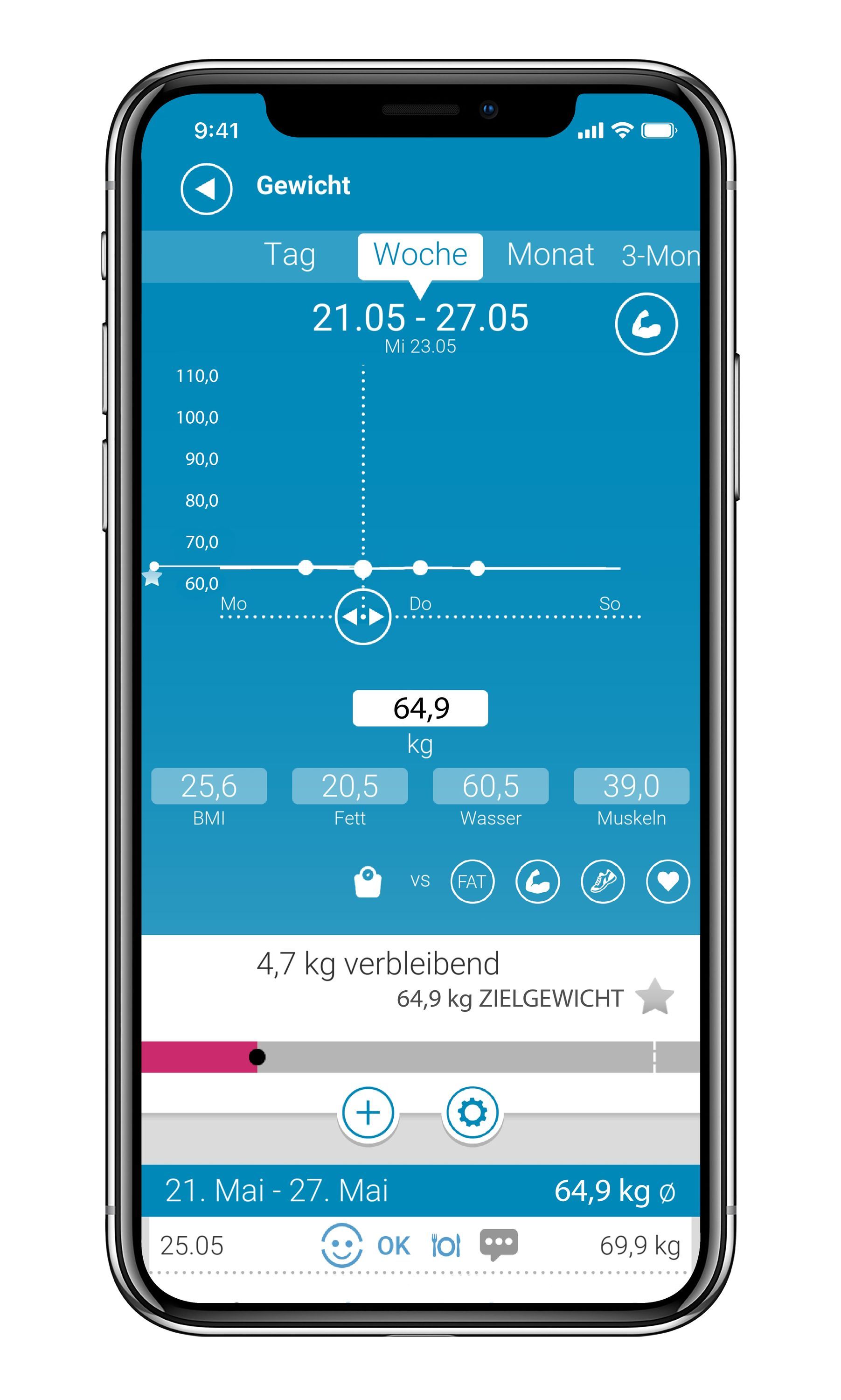 Smartphone con visualizzazione app. Grafico, visualizzazione peso, BMI, grasso, acqua, muscoli. Dati per giorno, settimana, mese.