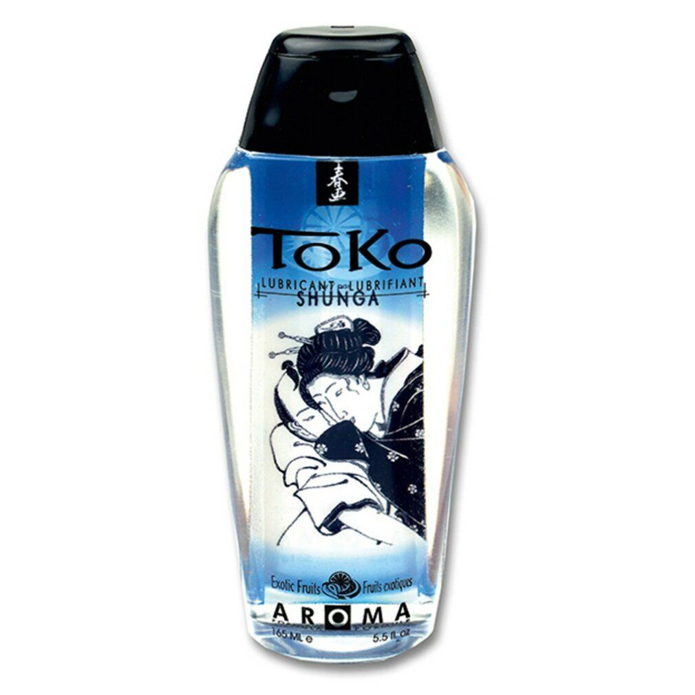 Lubrificante liquido in flacone con tappo nero. Scritta: Toko, Shunga, Aroma Exotic Fruits. Illustrazione: donna.