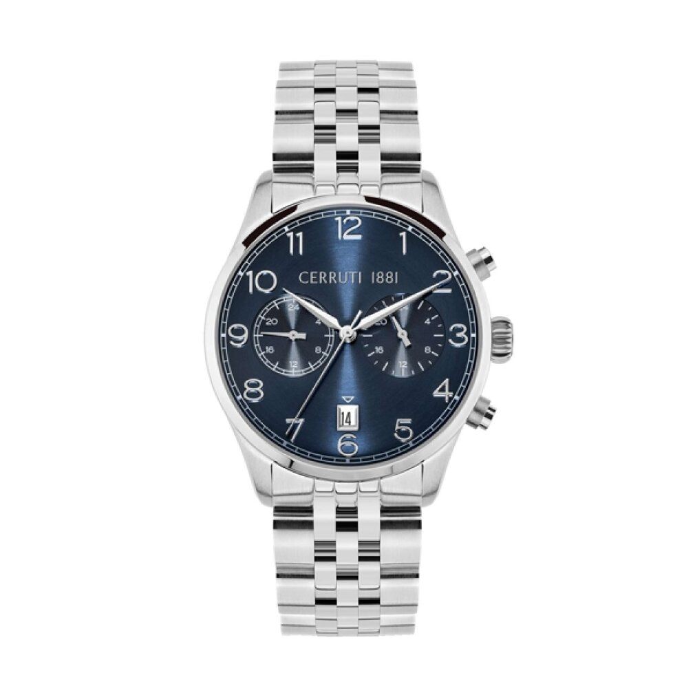 Orologio da uomo con quadrante blu, bracciale argentato e funzione cronografo. Marca: CERRUTI 1881.