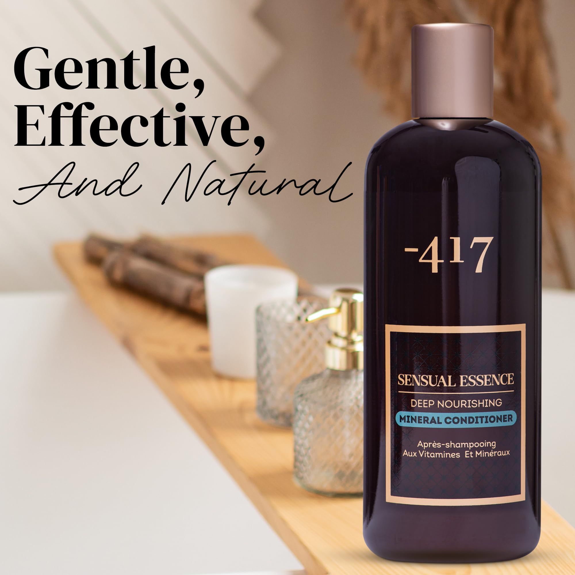 Flacone marrone scuro con tappo dorato. Etichetta con testo: -417, Sensual Essence, Deep Nourishing Mineral Conditioner.