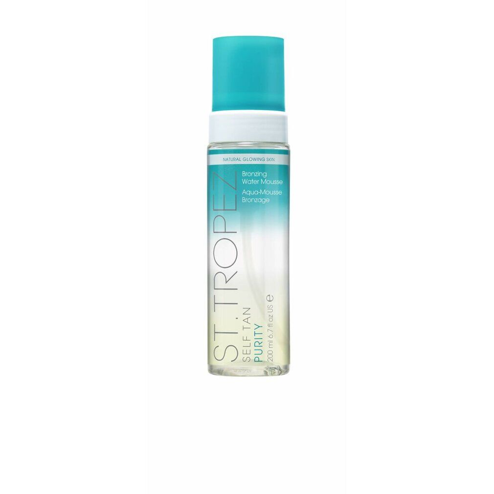 Flacone di Mousse Bronzante St. Tropez. Tappo turchese e bianco, flacone trasparente. Testo: SELF TAN PURITY, Aqua-Mousse bronzage.