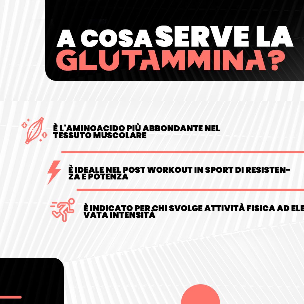Grafica testuale: A cosa serve la Glutammina? Aminoacido nel tessuto muscolare, ideale dopo l'allenamento, per attività fisica intensa.