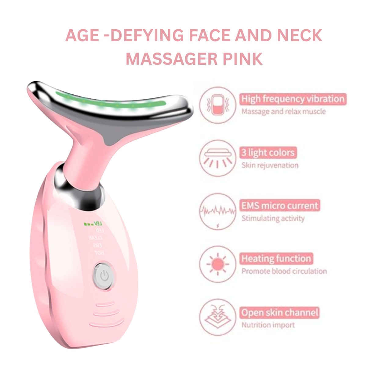 Massaggiatore rosa per viso e collo con accenti argentati, barra LED rossa e infografiche.