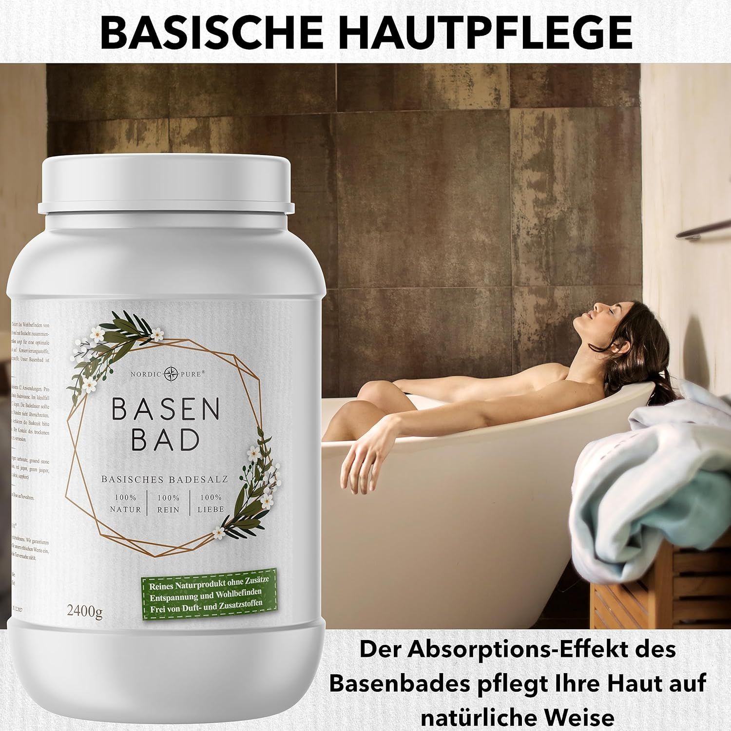 Donna in vasca da bagno accanto al contenitore "BASEN BAD". Etichetta con design floreale. 2400g. Testo: Cura della pelle basica.